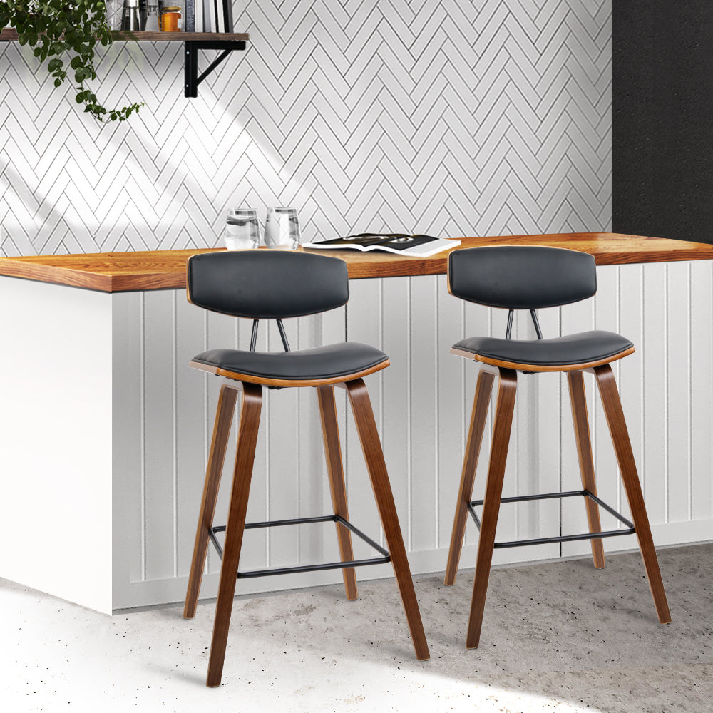 2 Bar Stools with Leather Padded Seat and Backrest - Comfortable Counter Height Stools for Kitchen Island, Breakfast Bar & Home Bar