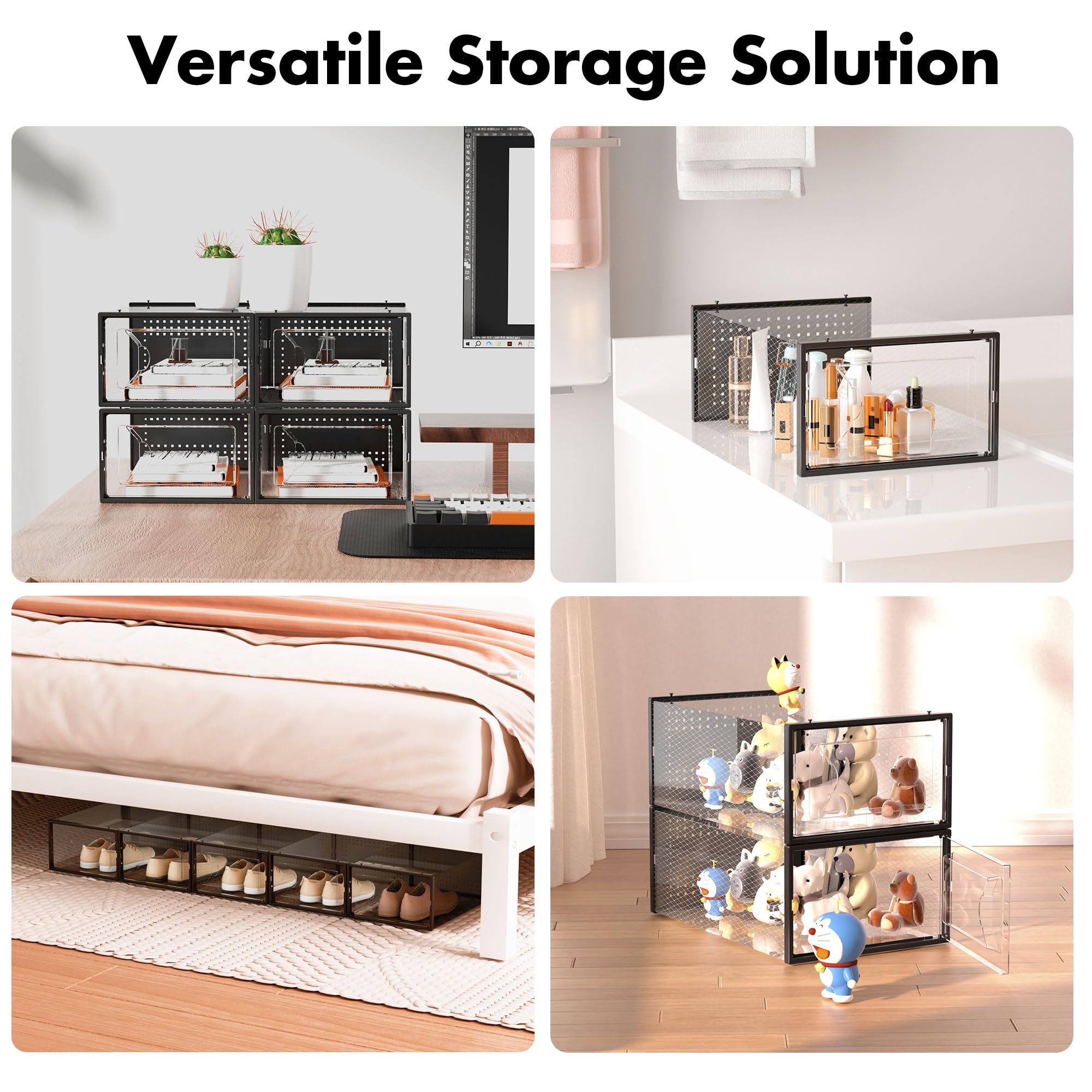 15-Pack Clear Plastic Stackable Shoe Storage Boxes - Interlocking Design Shoe Organizer for Closet, Sneakers & Boots - Foldable Shoe Rack with Lids (Black) - Perfect for Bedroom, Closet & Entryway Organization