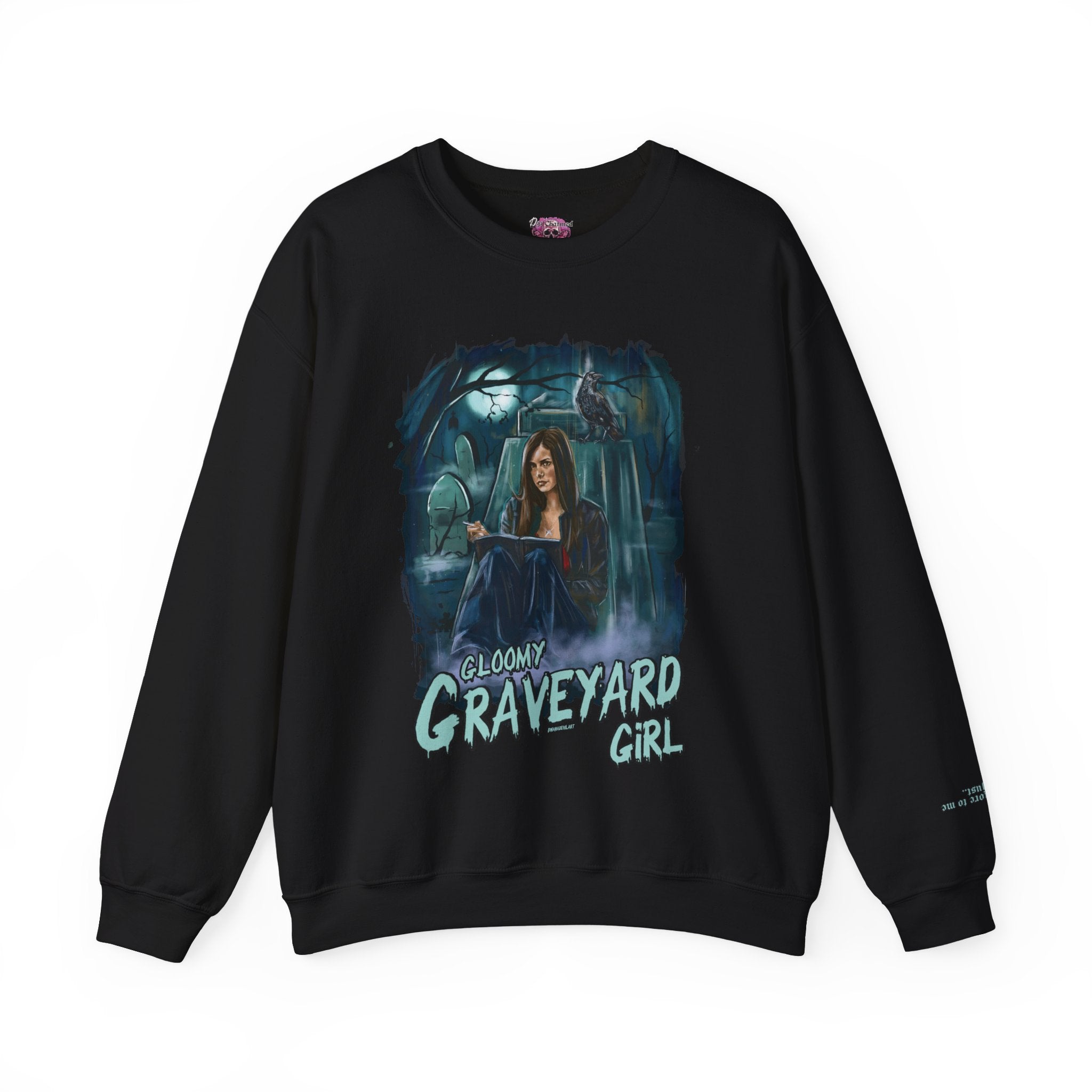 Gloomy Graveyard Girl Graphic Crewneck Sweatshirt - Gothic Halloween Fashion for Women | Perfect for Spooky Parties & Casual Wear
