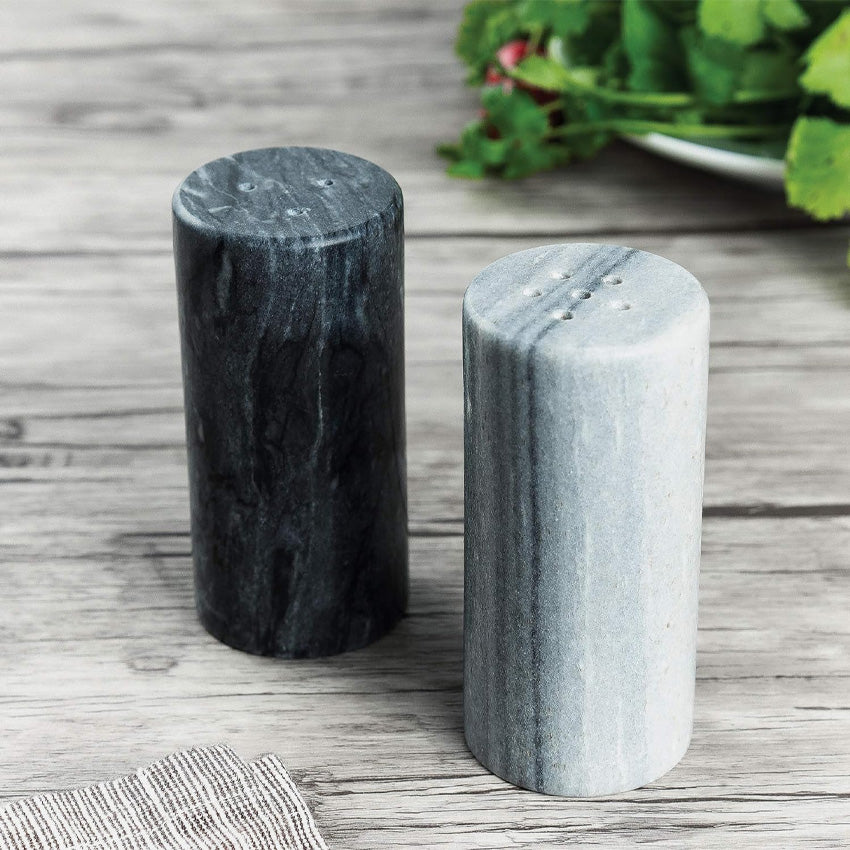 Fox Run Black & White Marble Salt and Pepper Shakers Set - Elegant Kitchen Dining Table Seasoning Dispenser for Home, Restaurant & Gift Giving