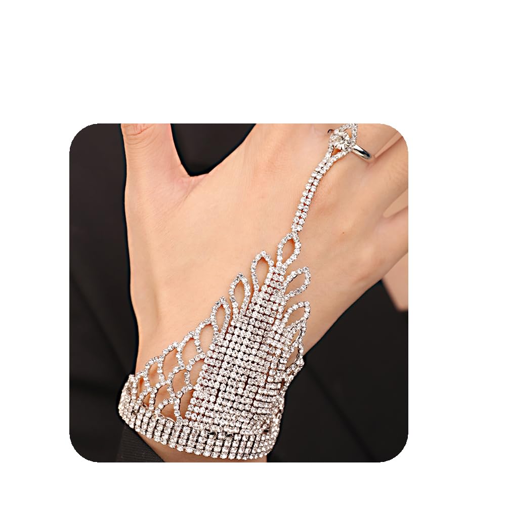 Elegant Rhinestone Crystal Hand Chain Bracelet - Silver & Gold Finger Link Bangle for Women | Perfect for Weddings, Parties, and Special Occasions