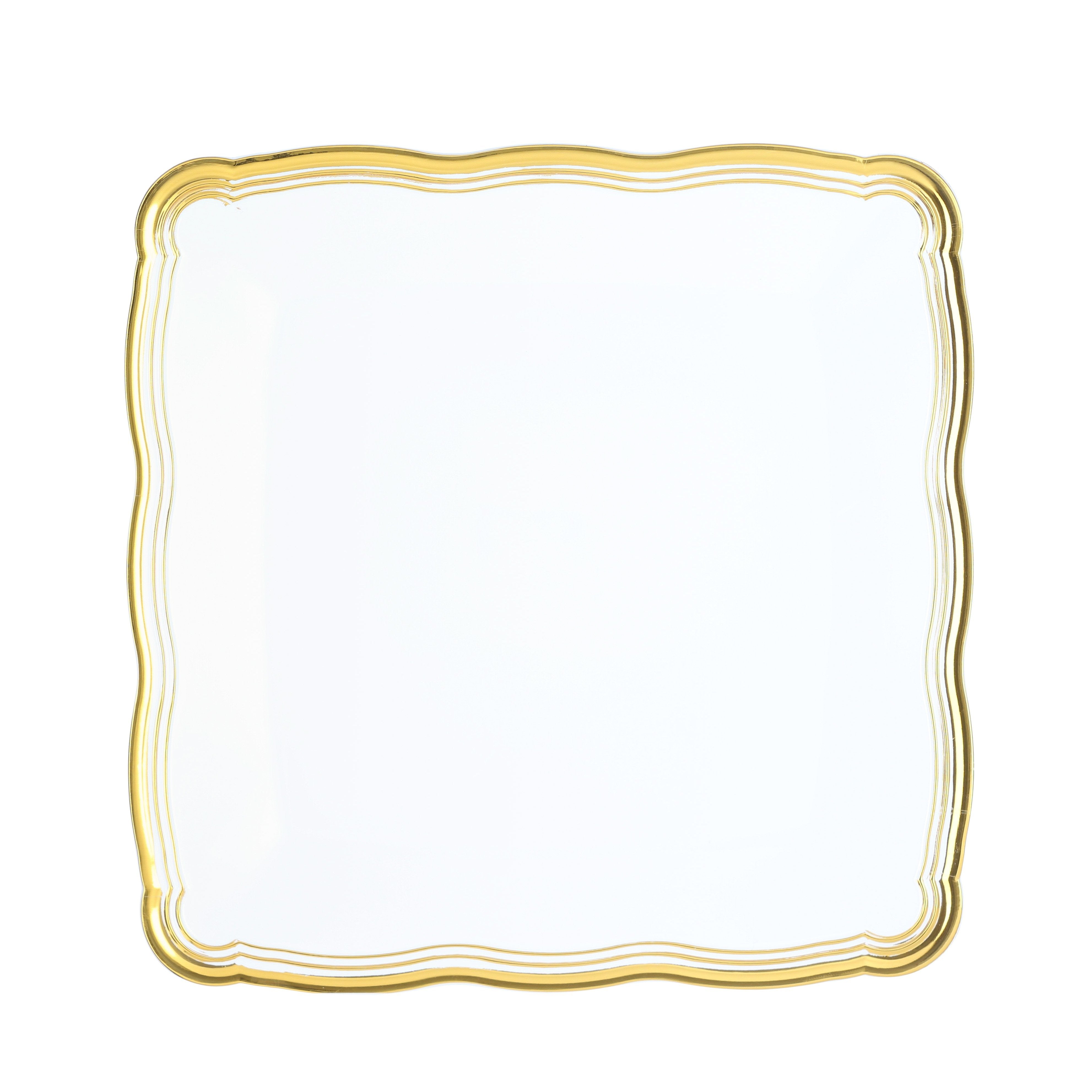 12x12 Inch Square White and Gold Rim Plastic Serving Trays - 6 Pack Set for Party, Dining, and Home Decor - Durable & Stylish Serving Platters for Entertaining, Buffets, and Events