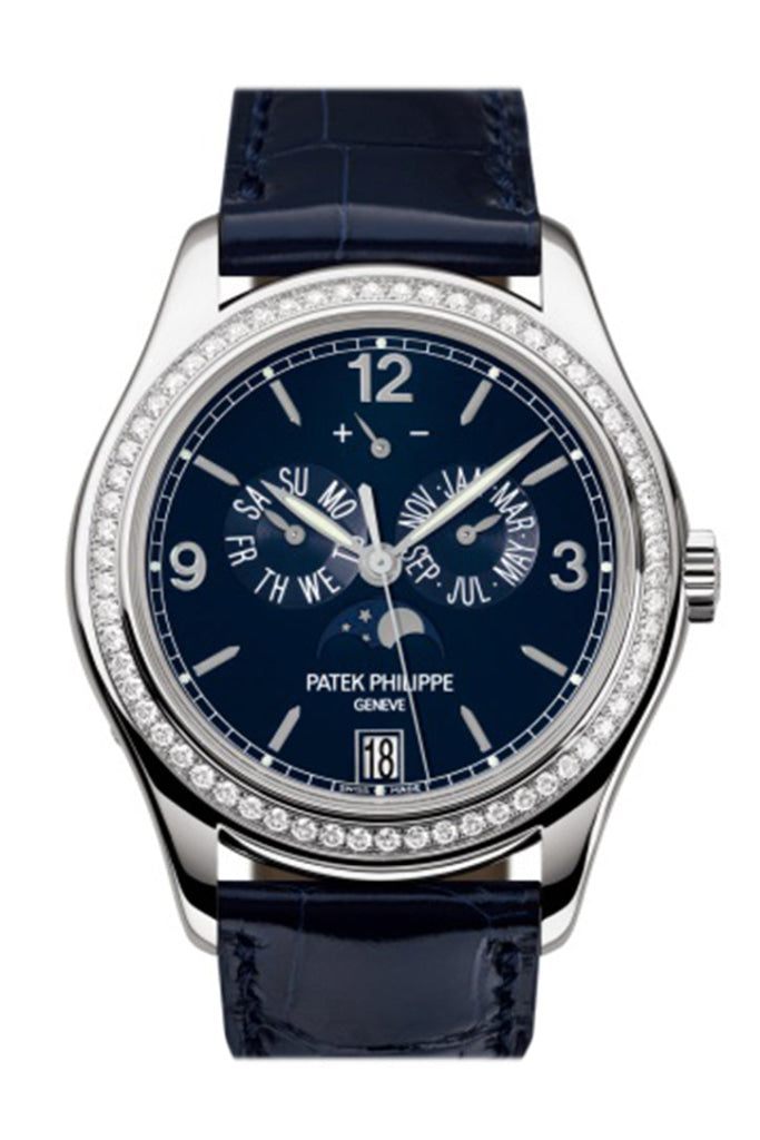 Patek Philippe Complications Annual Calendar Men's Watch - 18kt White Gold, Blue Dial, Diamond Accents, Blue Leather Strap Ref.5147G-001 | Luxury Dress Watch for Business & Formal Occasions