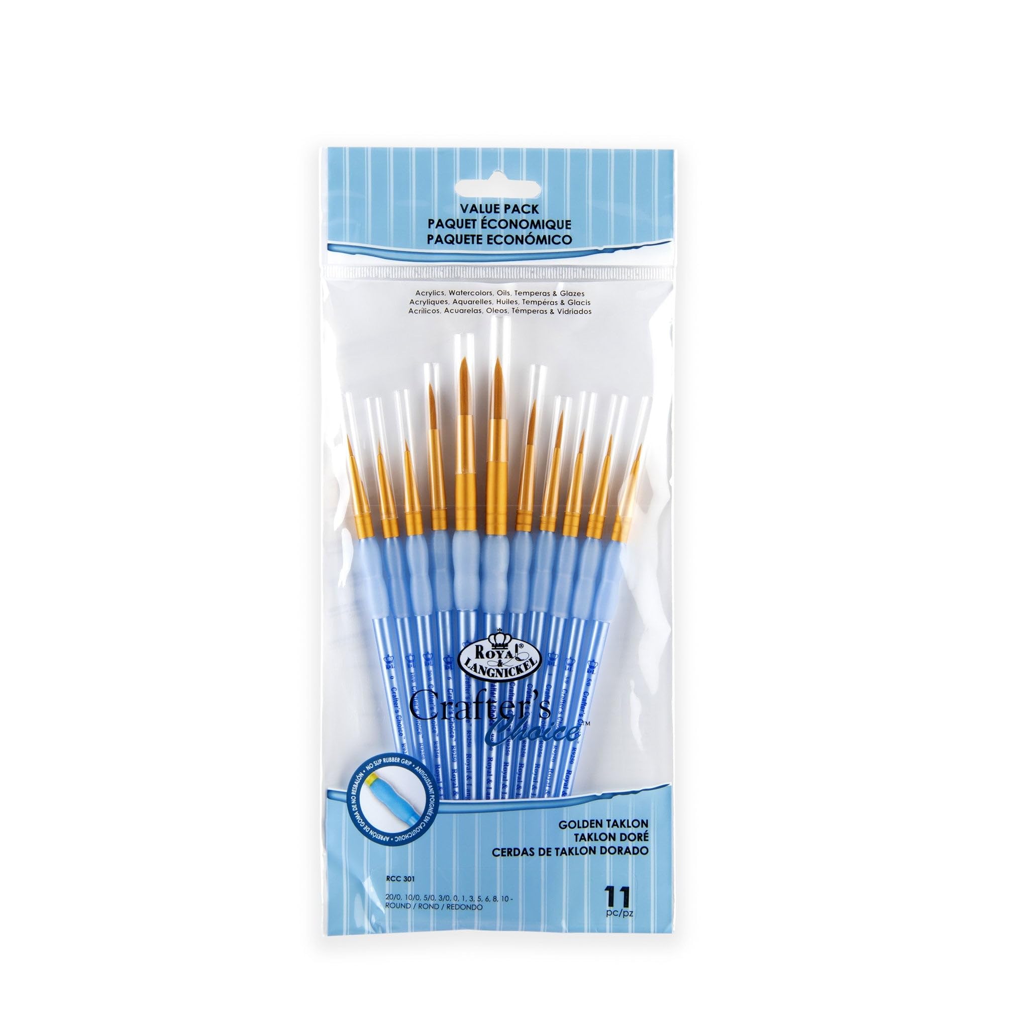 Royal & Langnickel Crafter's Choice 11-Piece Round Taklon Brush Set - Gold Handle Artist Paint Brushes for Acrylic, Watercolor & Oil Painting - Perfect for Canvas, Paper & DIY Art Projects