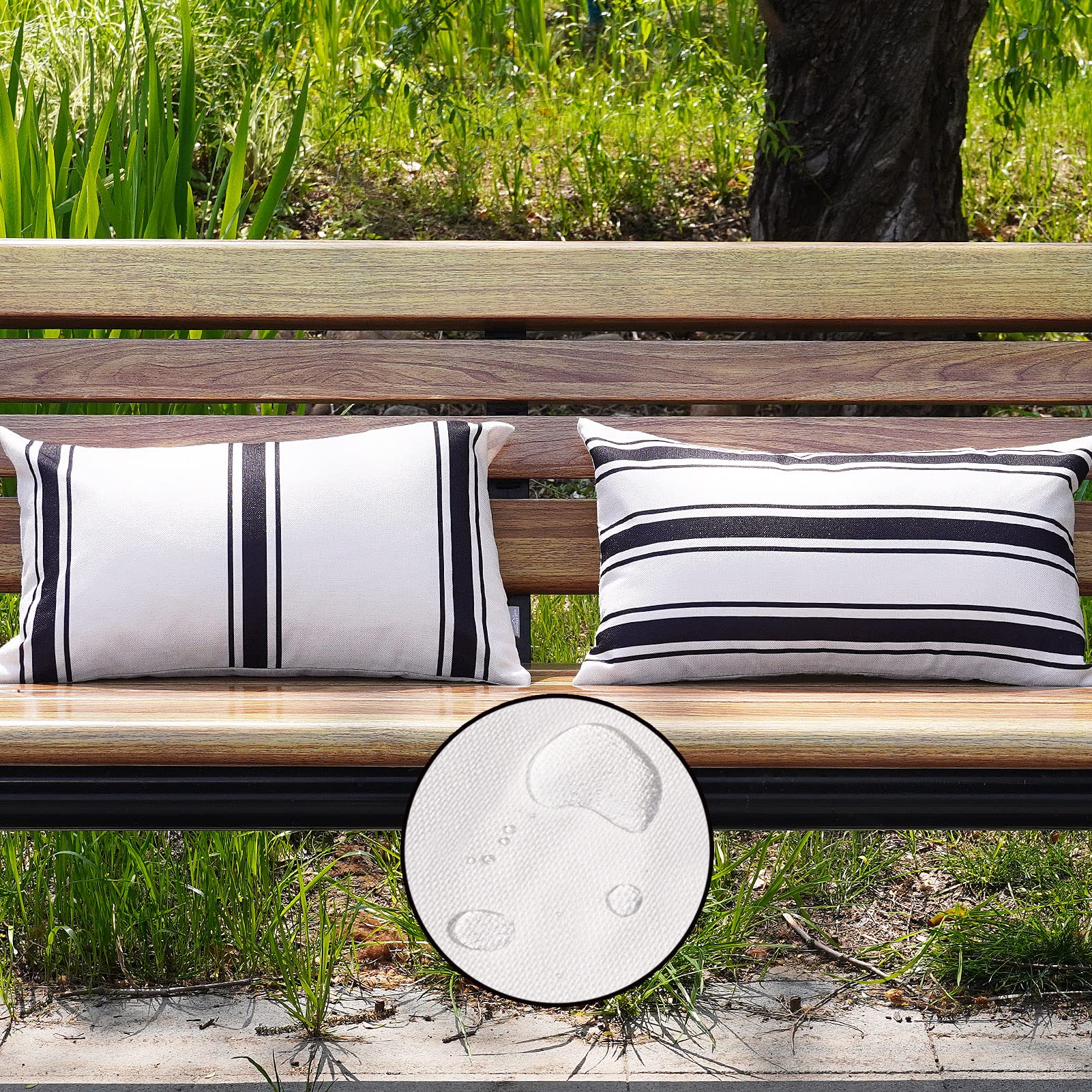 Waterproof Pillow Covers 12x20 Inch - Set of 2 Outdoor Lumbar Throw Pillows in Black & Beige Stripes for Patio Furniture, Porch, Balcony & Bench Decor - Weather-Resistant Cushion Protectors for Outdoor Living Spaces