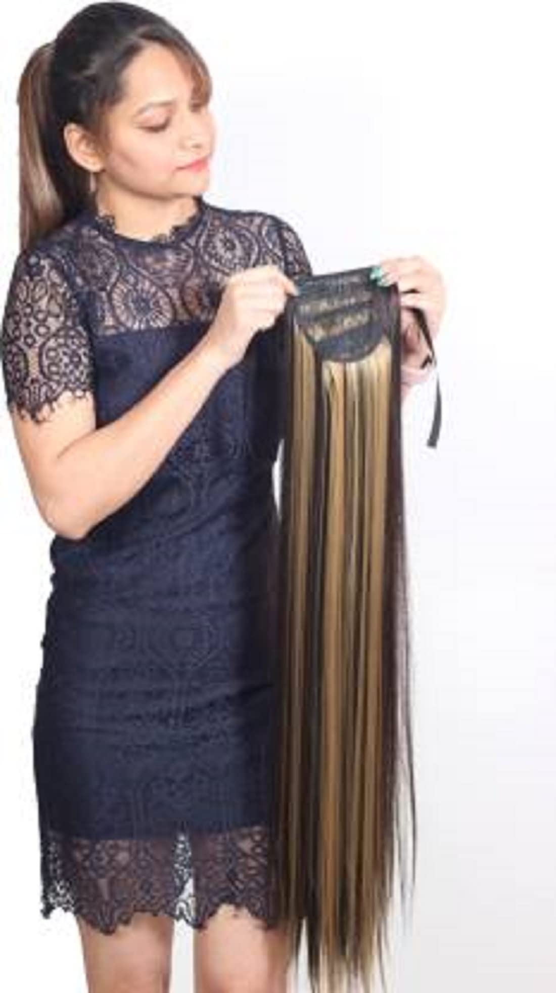 Stylish Straight Golden Highlight Ribbon Ponytail Hair Extension - Perfect for Parties, Weddings & Everyday Glam