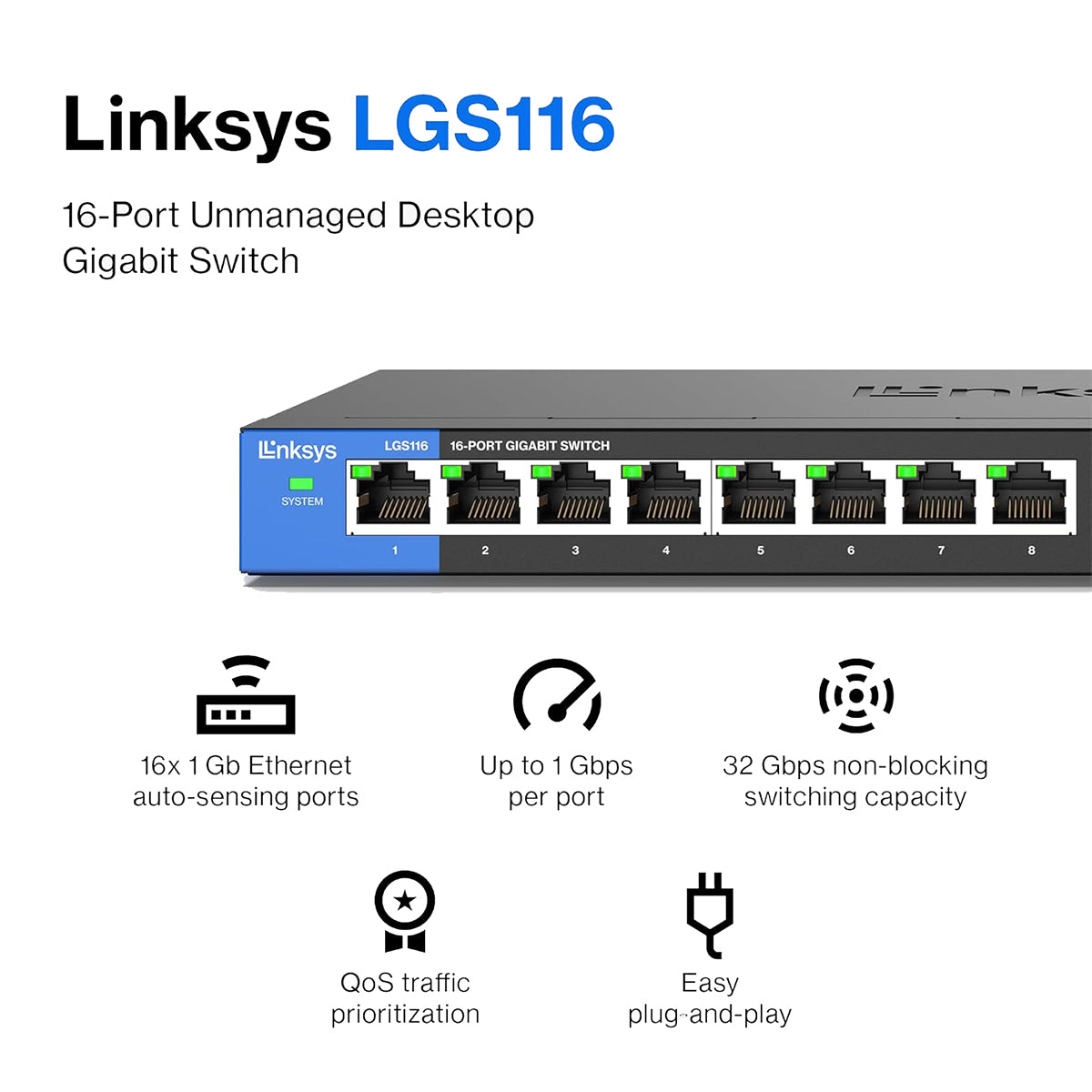 Linksys 16 Port Gigabit Ethernet Switch - High Speed Network Hub for Home Office, Gaming & Streaming | Plug & Play Unmanaged Switch for Reliable Connectivity