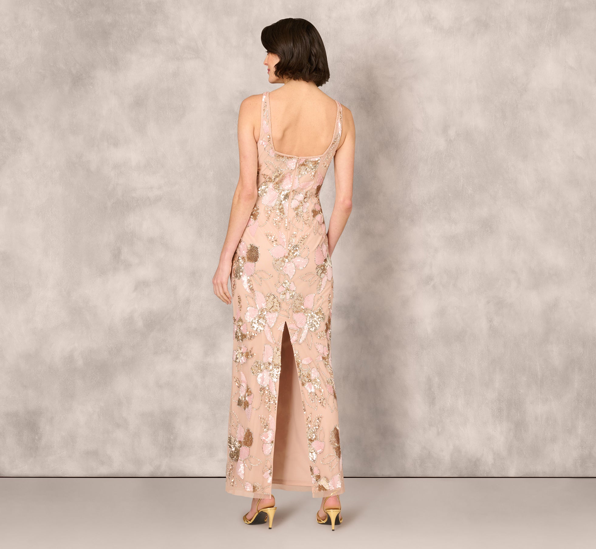 Elegant Pink Sleeveless Square Neck Floral Beaded Column Gown for Evening Parties & Formal Events