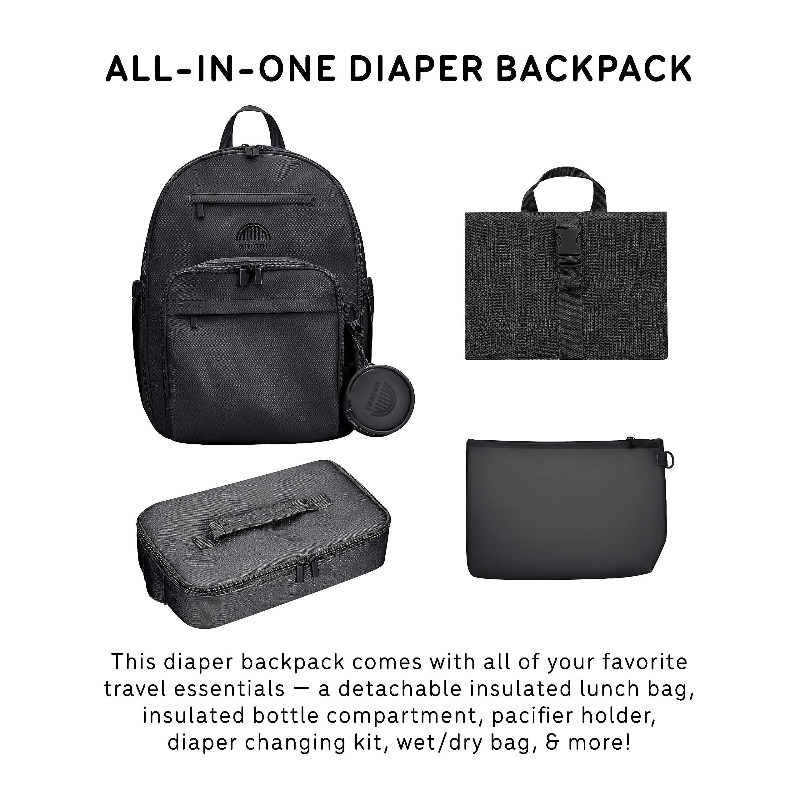 **Uninni Large Baby Diaper Backpack for Moms & Dads – Waterproof Travel Bag with Portable Changing Pad & Removable Pacifier Case – Perfect for Daycare, Travel & Outings (Black)**