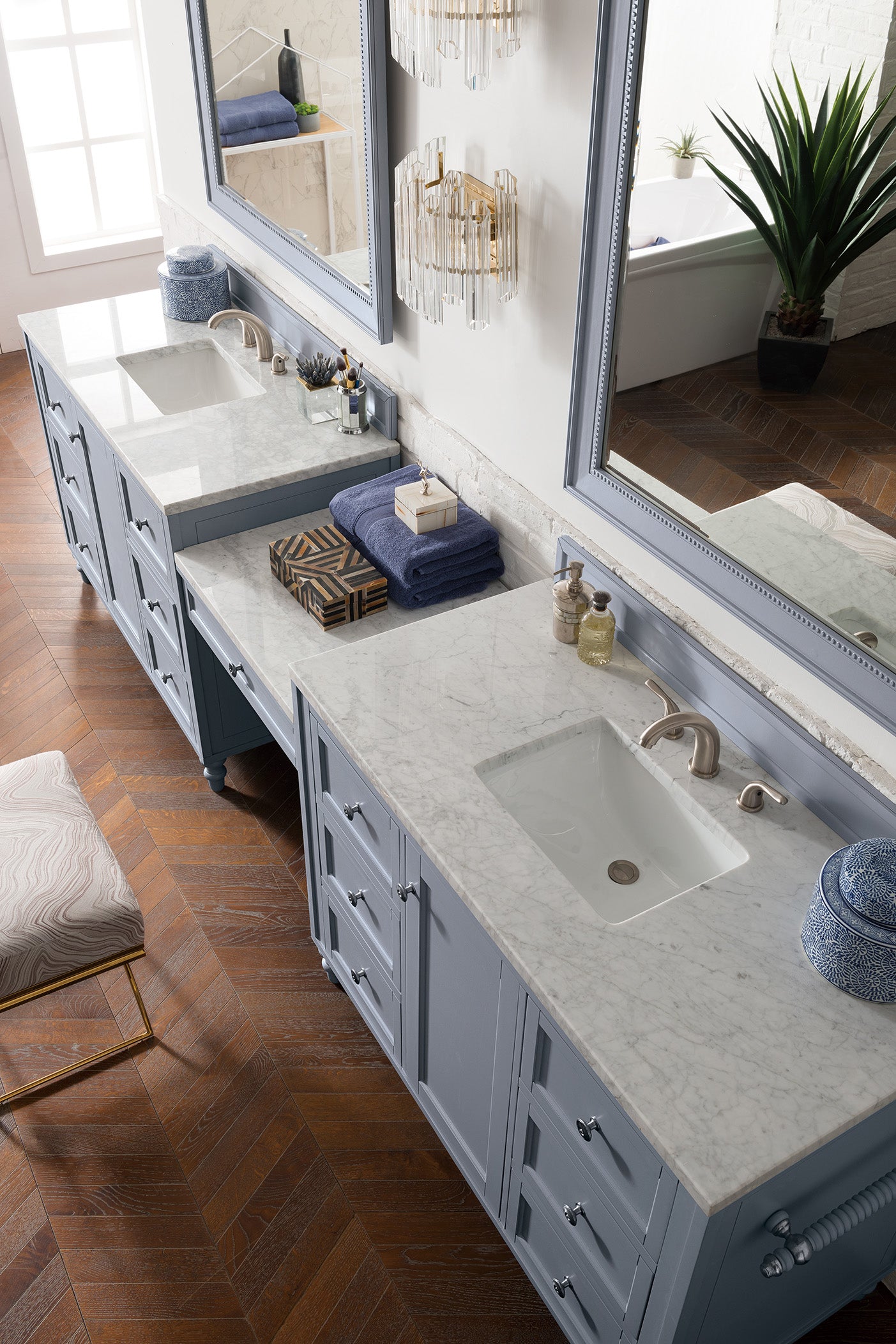 Copper Cove Encore 122 Double Vanity Set with Makeup Table - Silver Gray Finish & 3CM Carrara Marble Top | Modern Bathroom Vanity for Master Bath, Guest Bath & Luxury Home Renovation