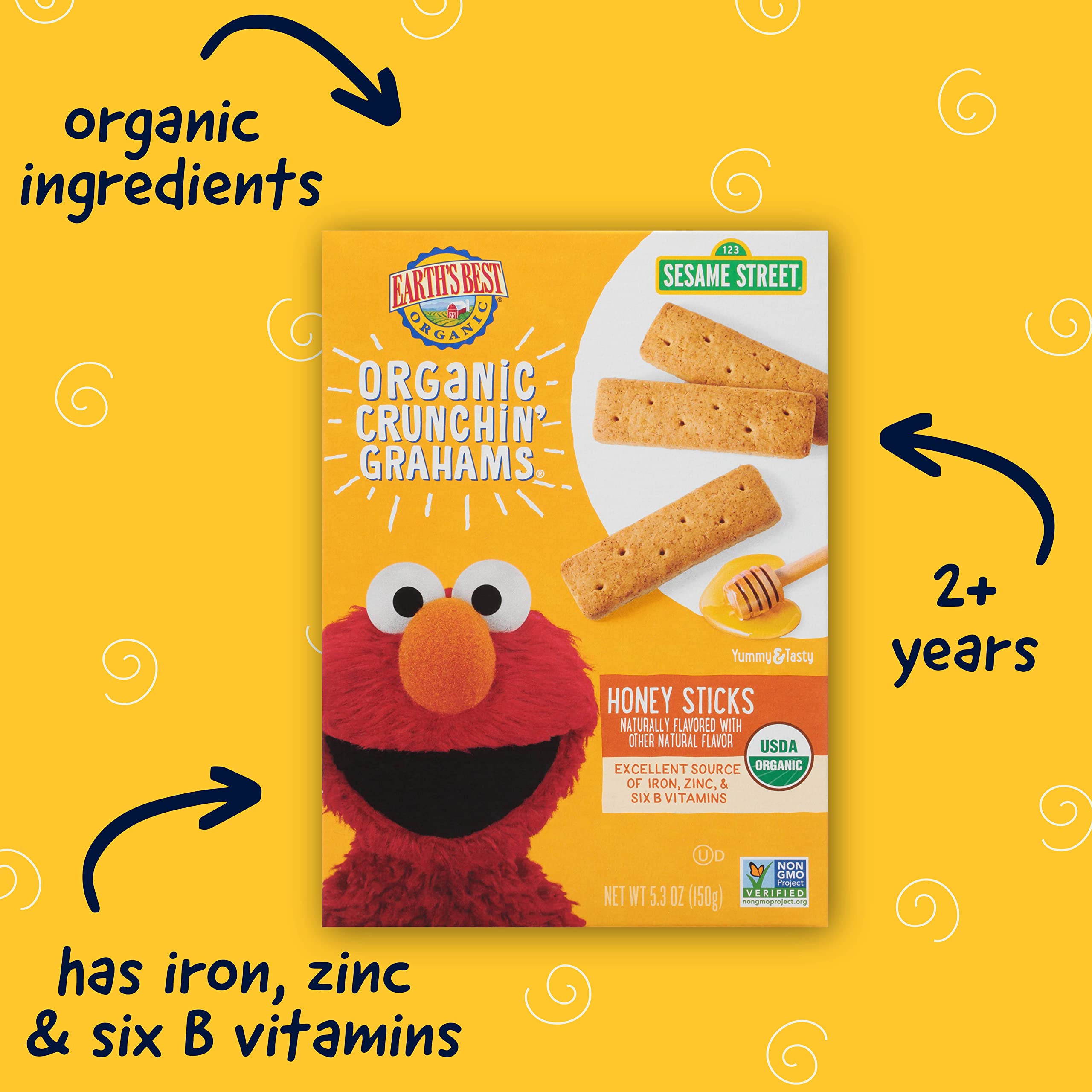 Organic Sesame Street Toddler Snacks - Earth's Best Crunchin' Grahams for Kids 2+ Years | Honey Flavored Healthy Snack with Natural Ingredients | 5.3oz Box (Pack of 6) | Perfect for Lunchboxes, Daycare & On-the-Go Snacking
