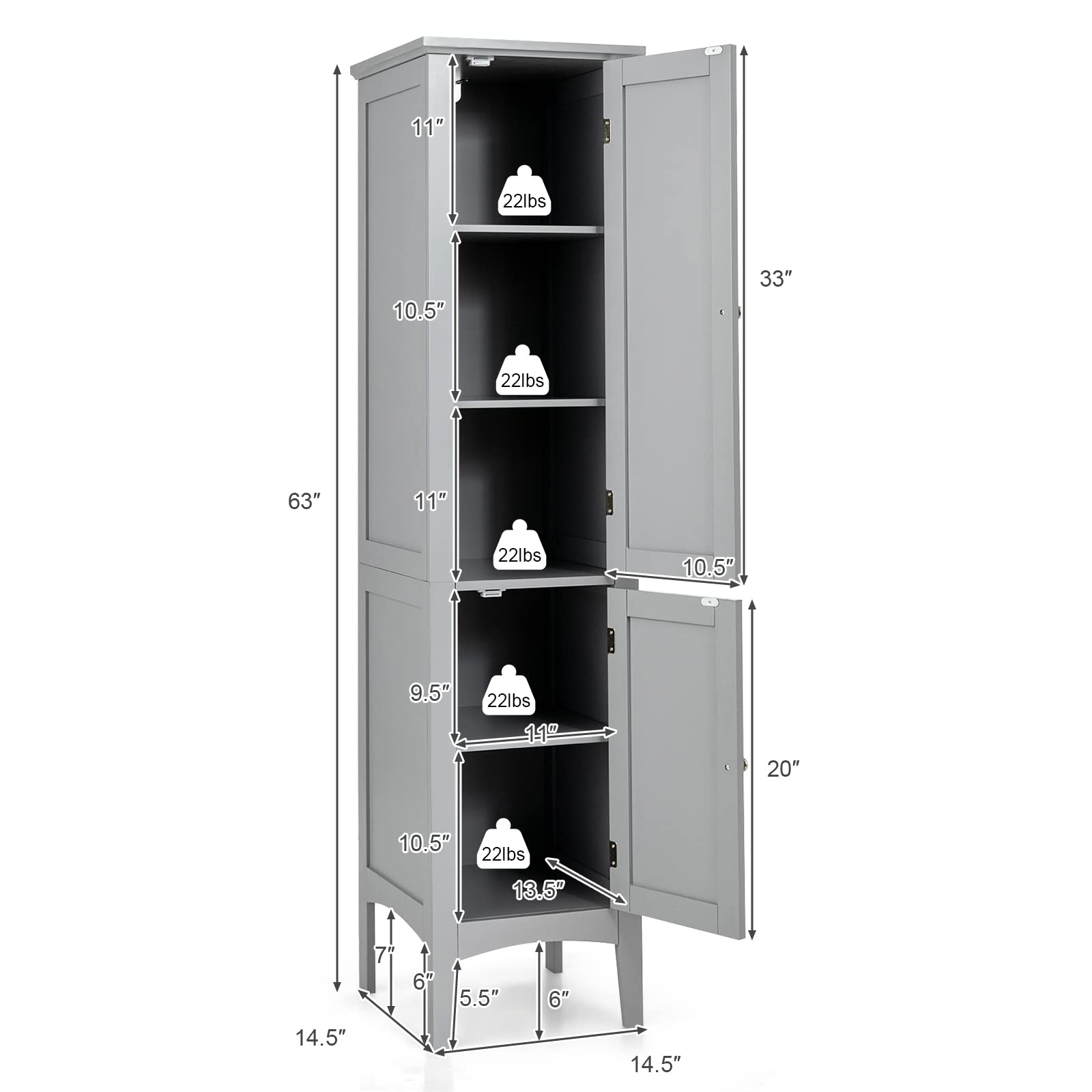 Giantex 5-Tier Storage Cabinet - Freestanding Tall Bathroom Organizer with Shelves for Bathroom, Kitchen, Living Room & Linen Closet - Space Saving Narrow Floor Cabinet (Gray) | Perfect for Small Spaces, Apartment Storage & Home Organization