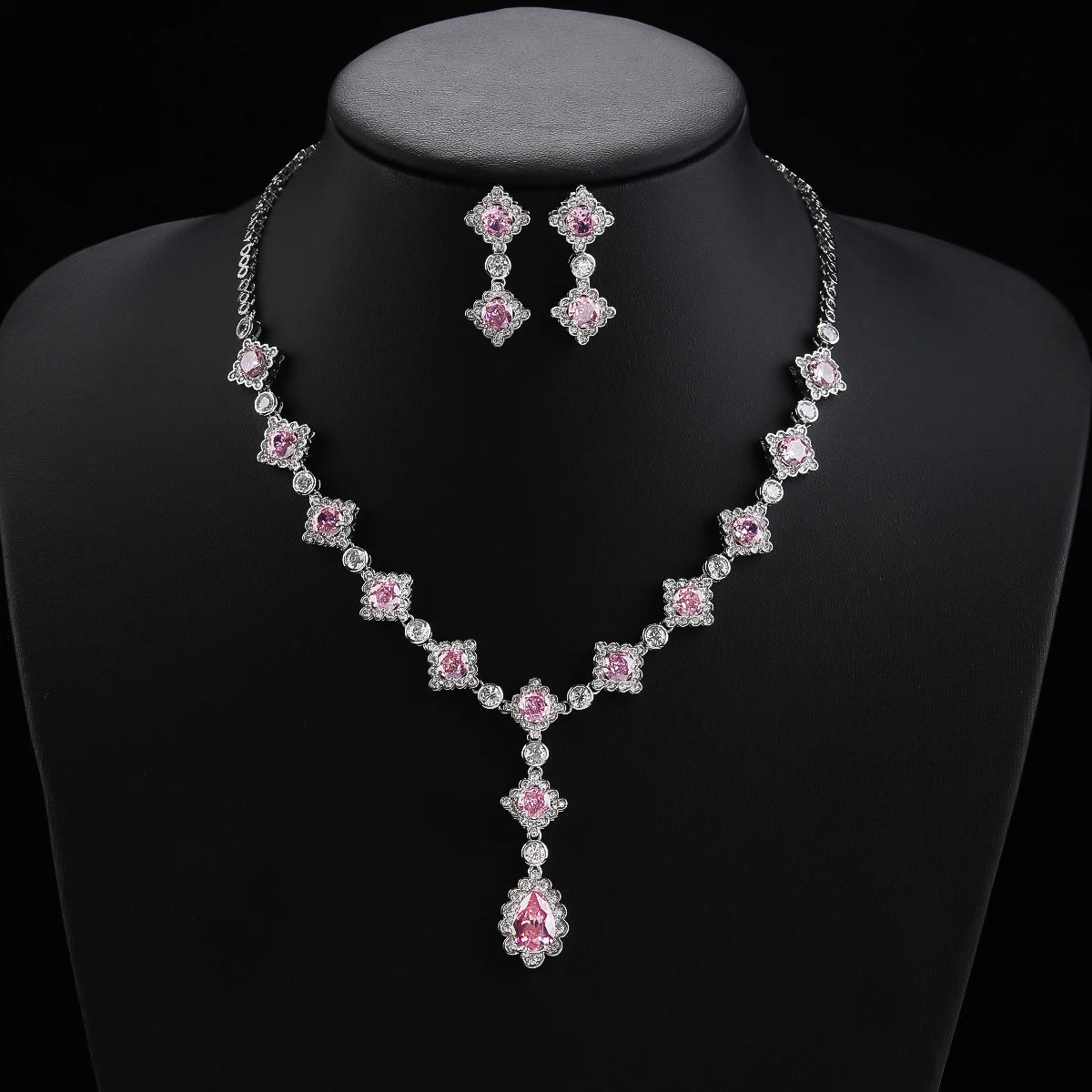 Luxury Women's Zirconia Necklace & Earrings Set - Silver Tone Pink & Green Bridal Jewelry for Wedding, Party & Special Occasions CN11065