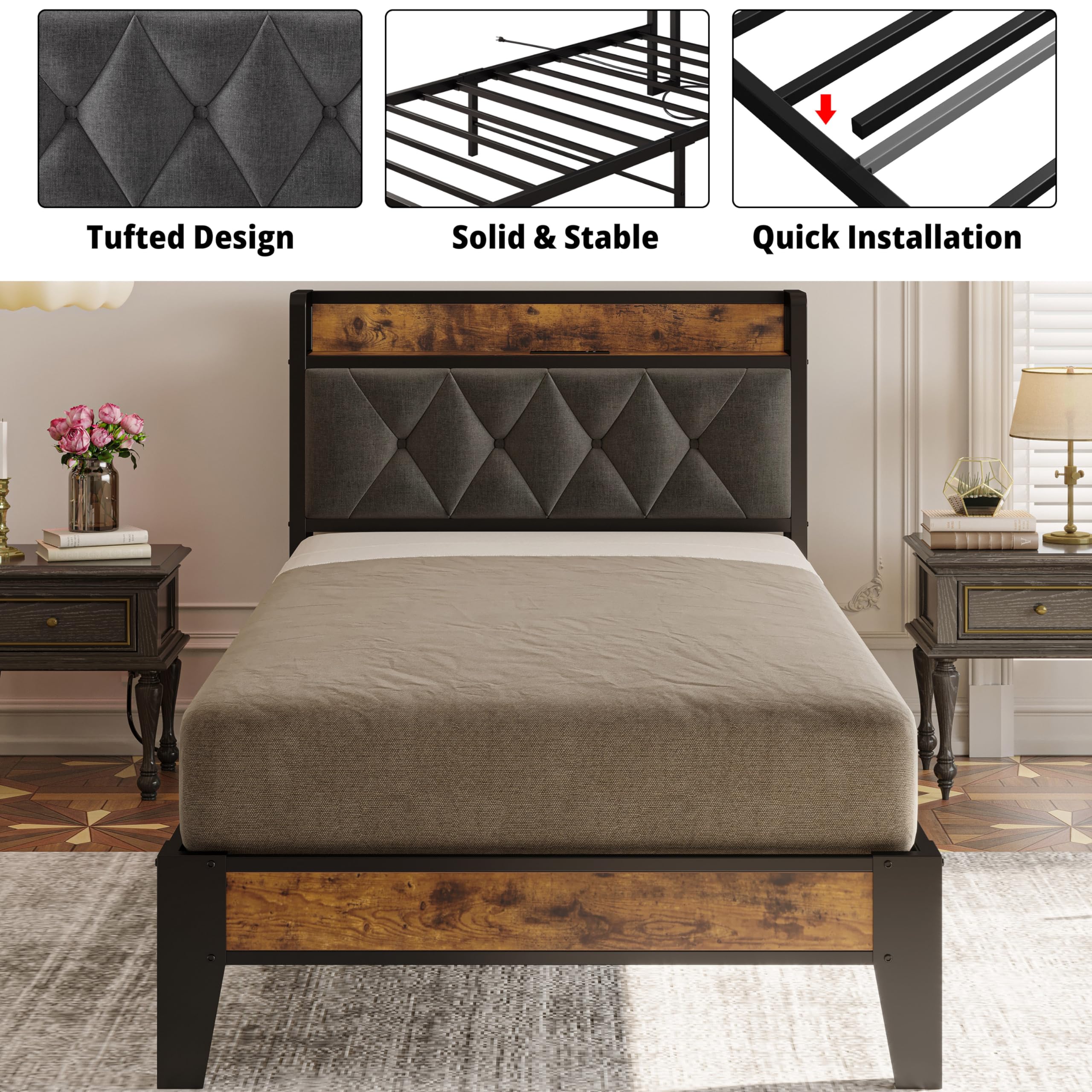 ANCTOR Twin Bed Frame with Storage Headboard & USB Outlets - Easy Assembly, Sturdy Metal Platform Bed, Quiet & No Box Spring Needed - Ideal for Small Bedrooms, Guest Rooms & College Dorms