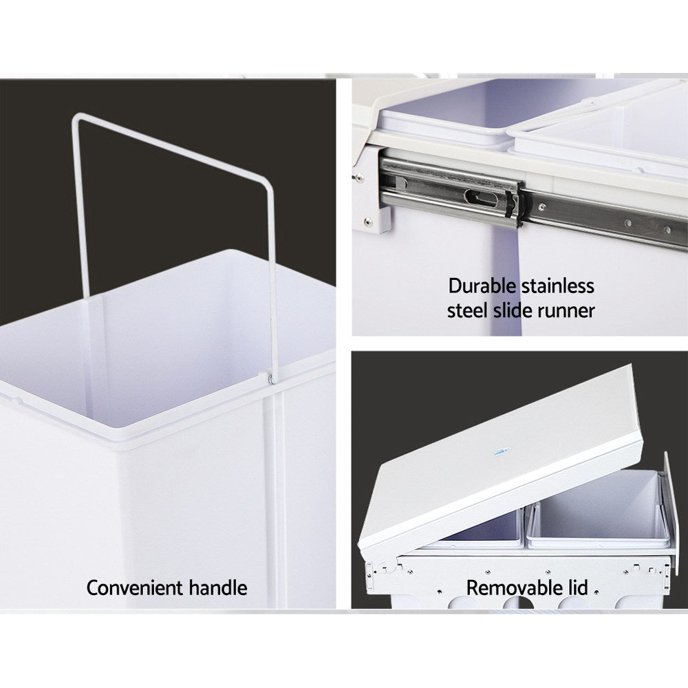 Cefito 2x20L Pull Out Trash Can - White Kitchen Cabinet Waste Bin for Under Sink Storage & Home Organization