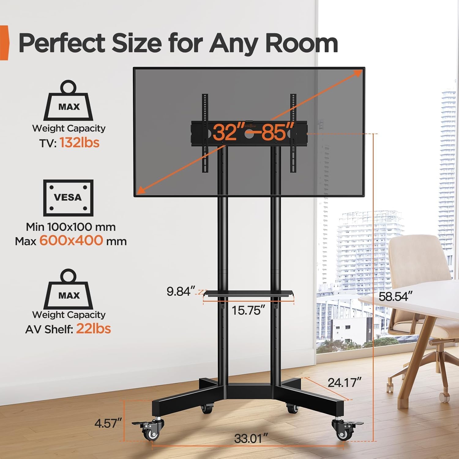 Perlegear Adjustable Rolling TV Stand with Wheels - Mobile TV Cart for 32-85 Inch Screens (Up to 132 lbs), Height Adjustable TV Stand with Metal Shelf & Lockable Casters, Max VESA 600x400mm - Perfect for Living Room, Bedroom, Office or Classroom