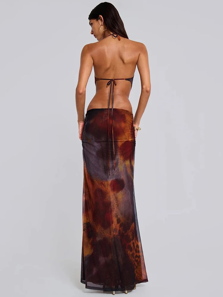 Sexy Deep V Neck Halter Maxi Dress for Women - Floral Print Hollow Out Sleeveless Backless Long Gown | Perfect for Beach Vacation, Summer Party & Evening Events