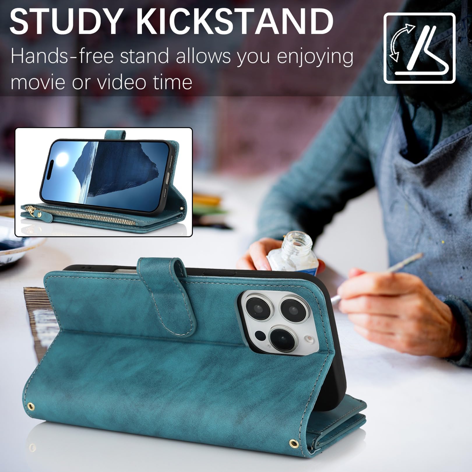 Premium PU Leather iPhone 16 Pro Wallet Case with Card Holder & Zipper Pocket - Crossbody Strap & Shoulder Lanyard - Women's Fashion Phone Cover (6.3