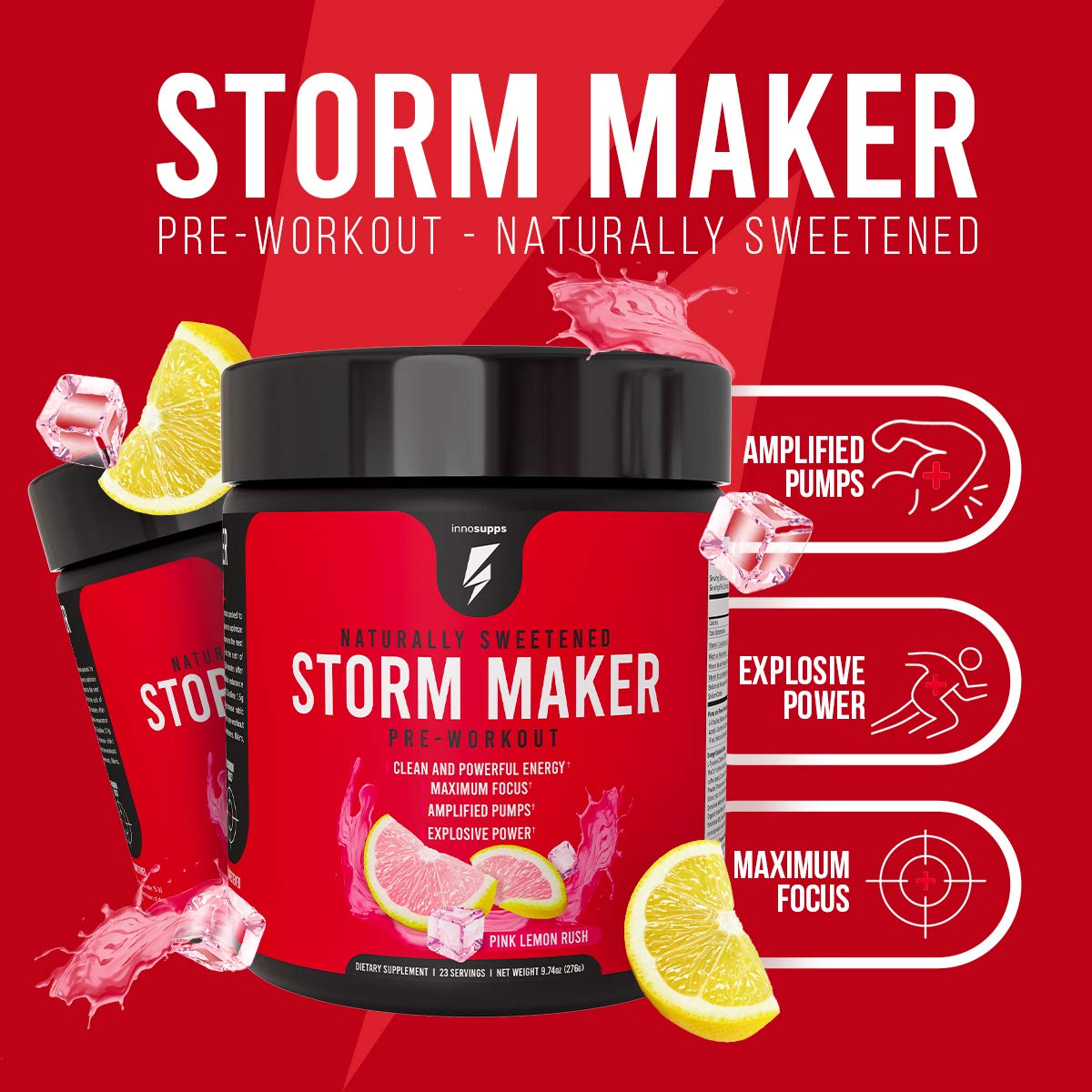 InnoSupps Storm Maker Pre Workout Powder - Long Lasting Energy Boost with Organic Caffeine, Green Tea Extract & L-Citruline - No Artificial Sweeteners - Pink Lemon Rush Flavor - Ideal for Gym, Fitness & Bodybuilding Workouts
