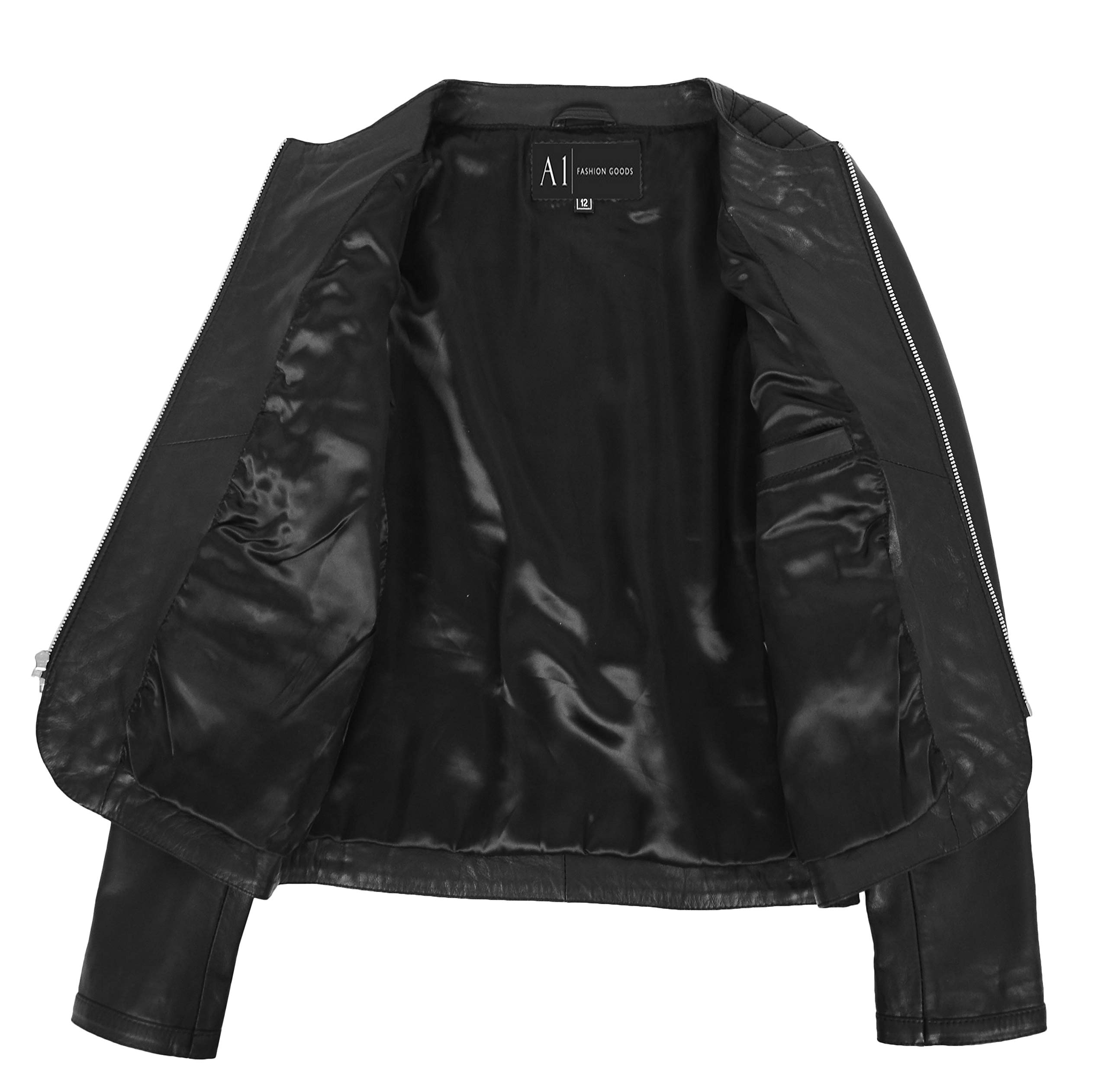 Women's Collarless Soft Black Leather Jacket - Biker Style Fitted Quilted Stitch Design for Motorcycle Riding & Casual Outfits