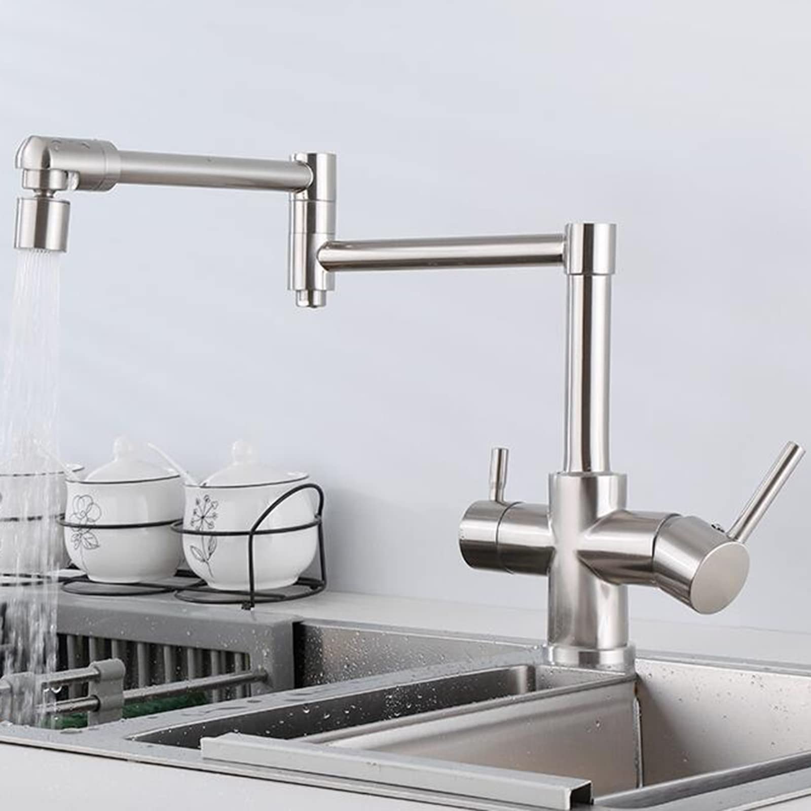 3 in 1 Brass Kitchen Faucet with Water Filter - Foldable Drinking Faucet, Brushed Nickel Finish, Multi-Functional Mixer Tap | Perfect for Modern Kitchens, RV Camping & Small Spaces