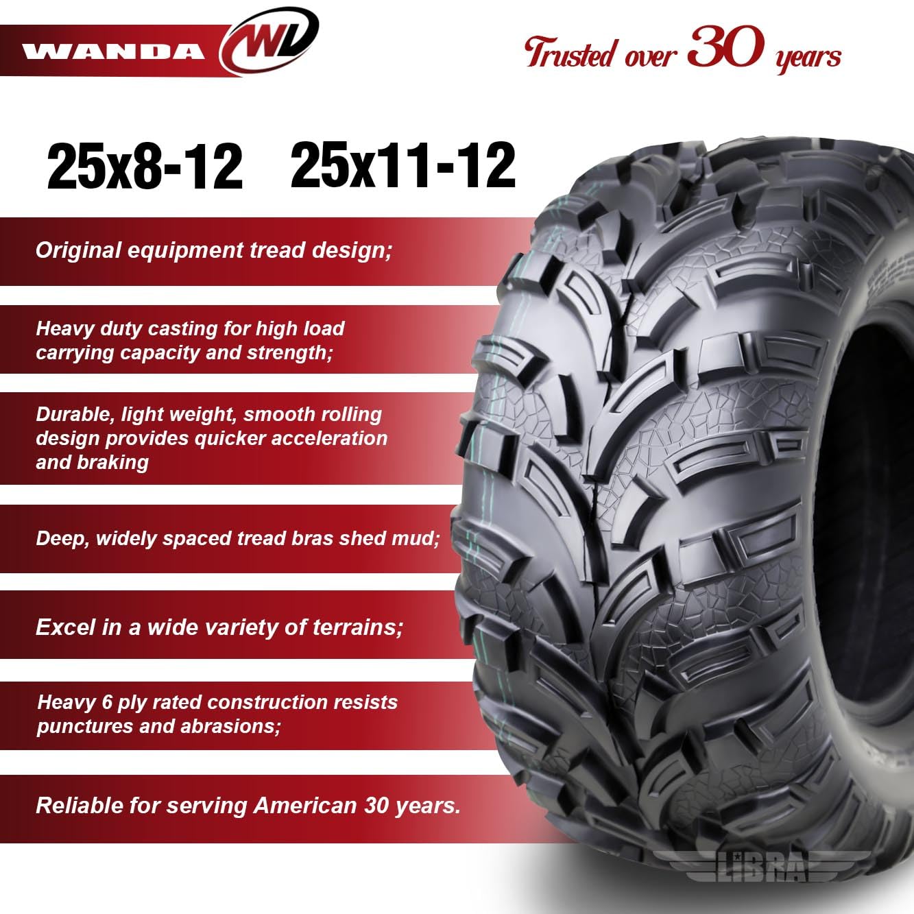 WANDA Set of 4 ATV Tires 25x8-12 & 25x11-12 for 2006-2013 Polaris SPORTSMAN 450/500 - All-Terrain Off-Road Tires for Mud, Sand & Trail Riding