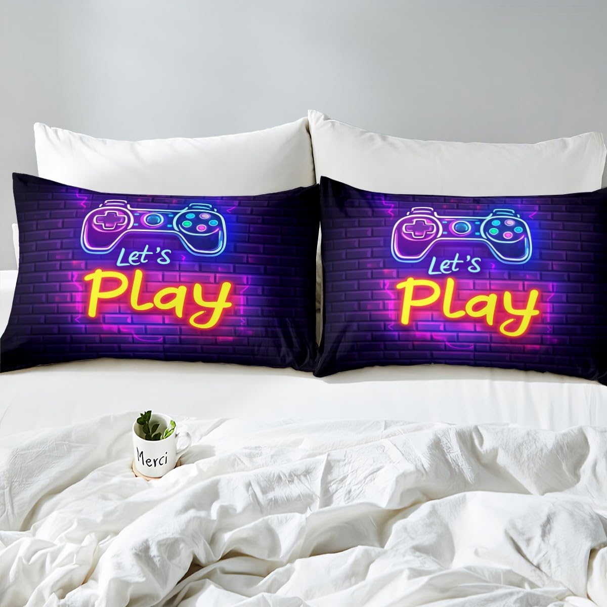 Gaming Bed Sheets Set for Twin Size - Video Game Printed 3-Piece Set with Neon Abstract Gamepad Pillowcase, Flat Sheet & Fitted Sheet - Perfect for Gamers' Bedroom Decor & Gaming Themed Rooms