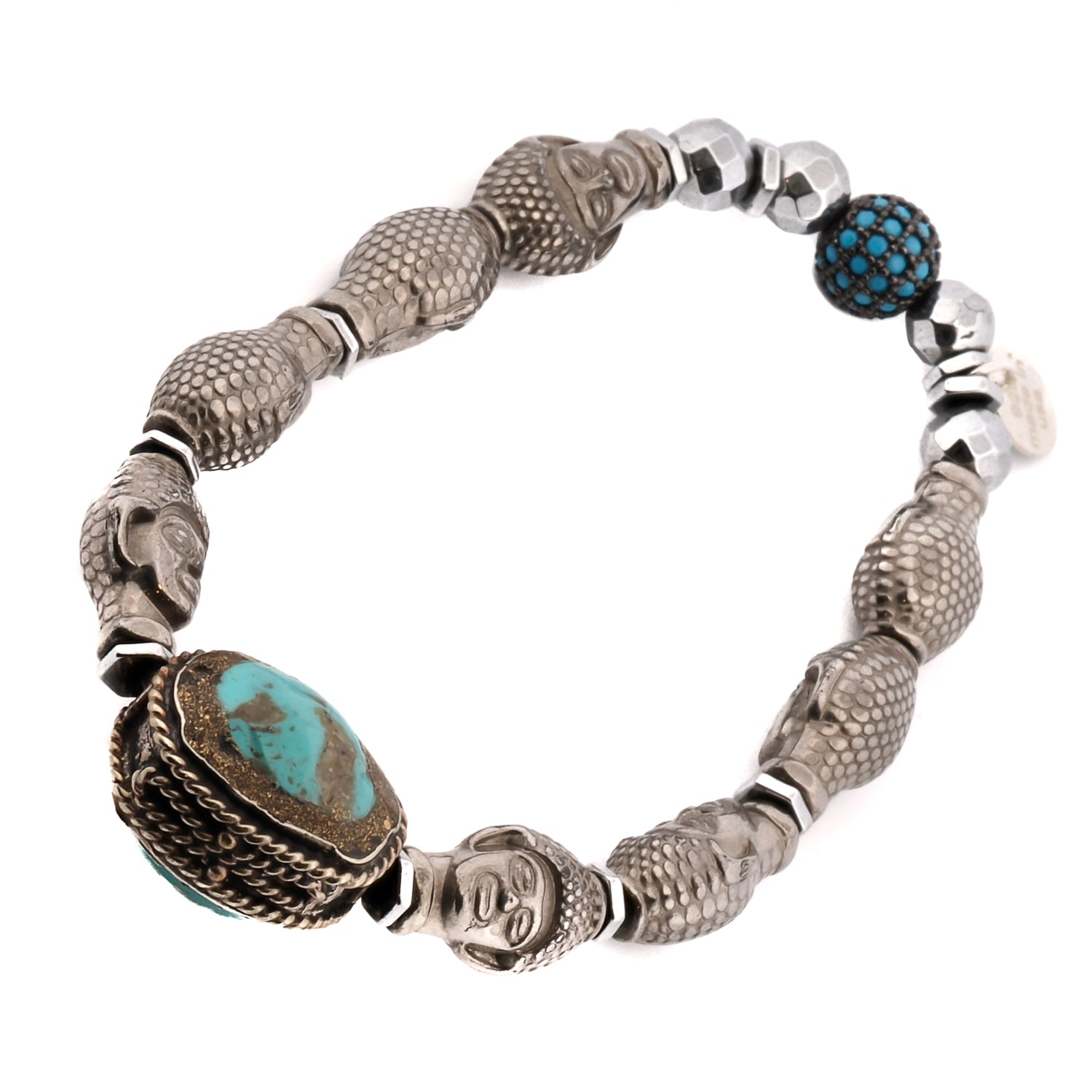 Natural Hematite Stone Buddha Beads & Genuine Turquoise Mystic Silver Bracelet - Meditation, Yoga & Spiritual Healing Jewelry for Men and Women