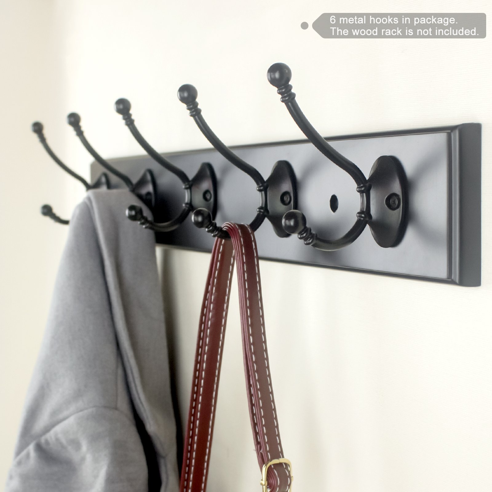 6-Pack Heavy Duty Double Prong Wall Hooks - 3.75 Inch Retro Coat & Hat Hangers with Ball Ends, Flat Black Finish (Includes Screws) - Perfect for Entryway, Mudroom, Closet & Bathroom Organization