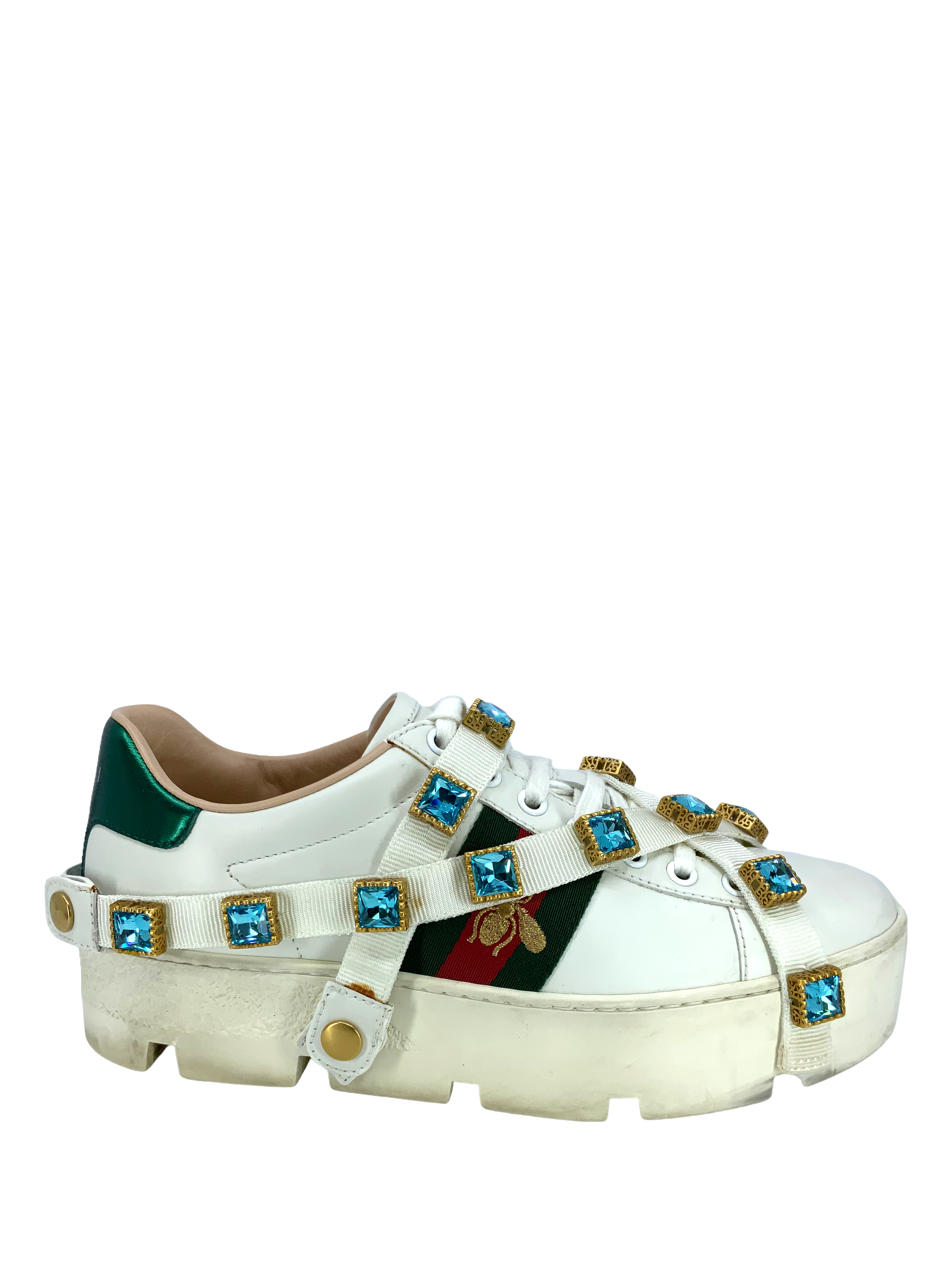 GUCCI Ace Embroidered Platform Sneakers for Women - Size 6.5 US | Fashion Luxury White Leather Shoes with Bee Embroidery | Perfect for Casual Wear, Street Style & Date Night Outfits