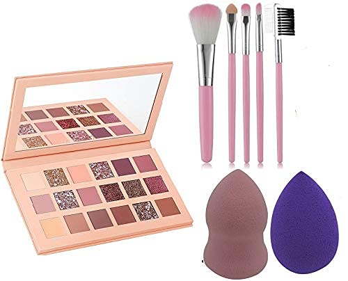 AHDAM 5Pc Pink Makeup Brushes Set with Nude Eyeshadow Palette & 2 Makeup Puffs - Shimmer & Matte Finish for Everyday & Party Looks | Professional Cosmetic Kit for Women & Teens