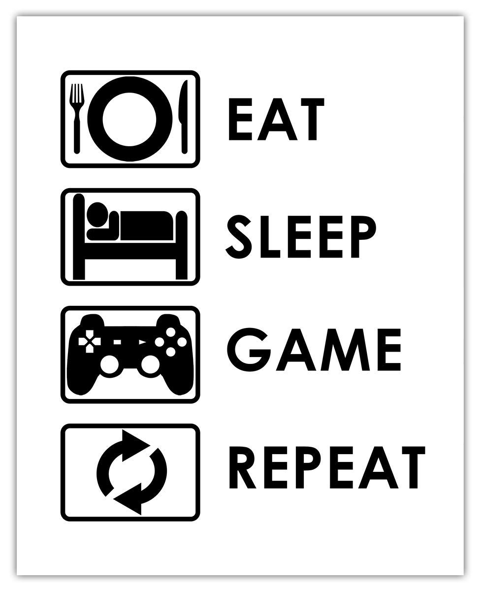 Eat Sleep Game Repeat Typography Wall Art Print - Funny Bathroom Decor & Gamer Gift - 8x10 Unframed Poster - Perfect for Gaming Room, Man Cave or Teen Bedroom Decor