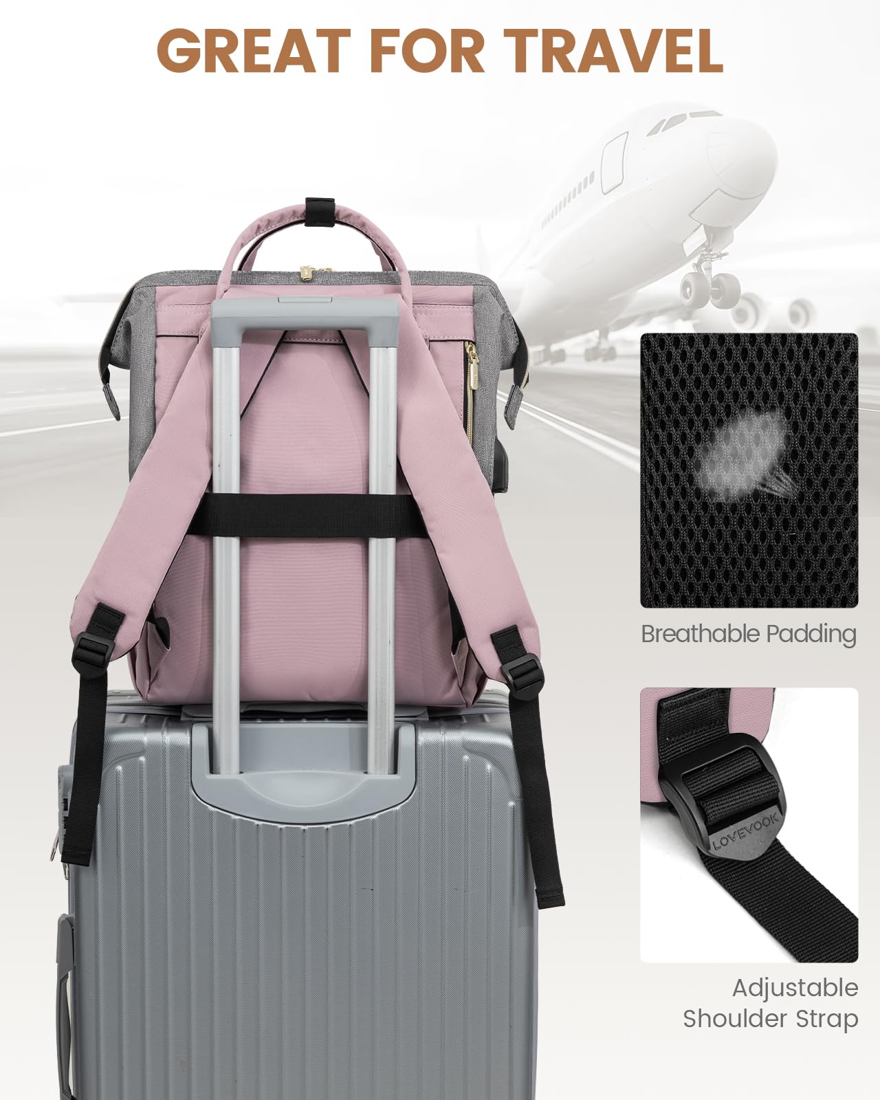 LOVEVOOK 18-inch Large Capacity Travel Laptop Backpack for Women - USB Charging Port, Water Resistant Business Work Bag - Perfect for Commuting, College, Nursing & Teacher Use (Grey-Light Purple)