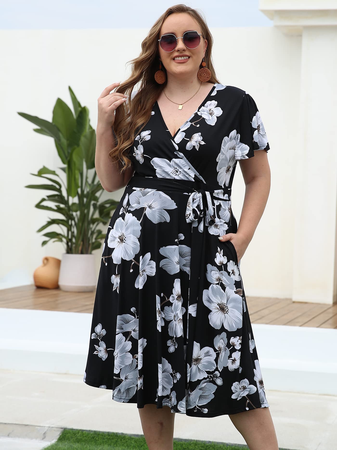 Kissmay Plus Size Women's V-Neck Floral Print Cocktail Party Midi Dress with Pockets - Elegant Formal Wear for Wedding Guest, Office Party & Special Occasions