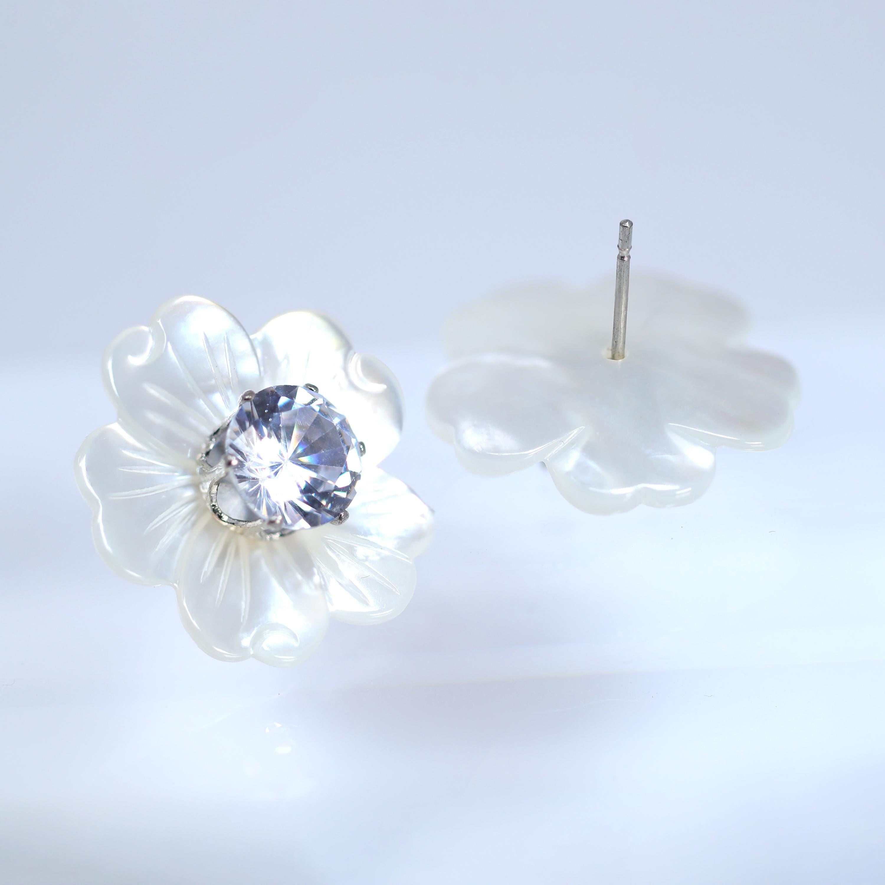 CZ Diamond & Mother of Pearl Carved White Flower Stud Earrings - Bridal Jewelry Set, Peach Blossom Pearl Statement Earrings for Wedding, Anniversary & Special Occasions