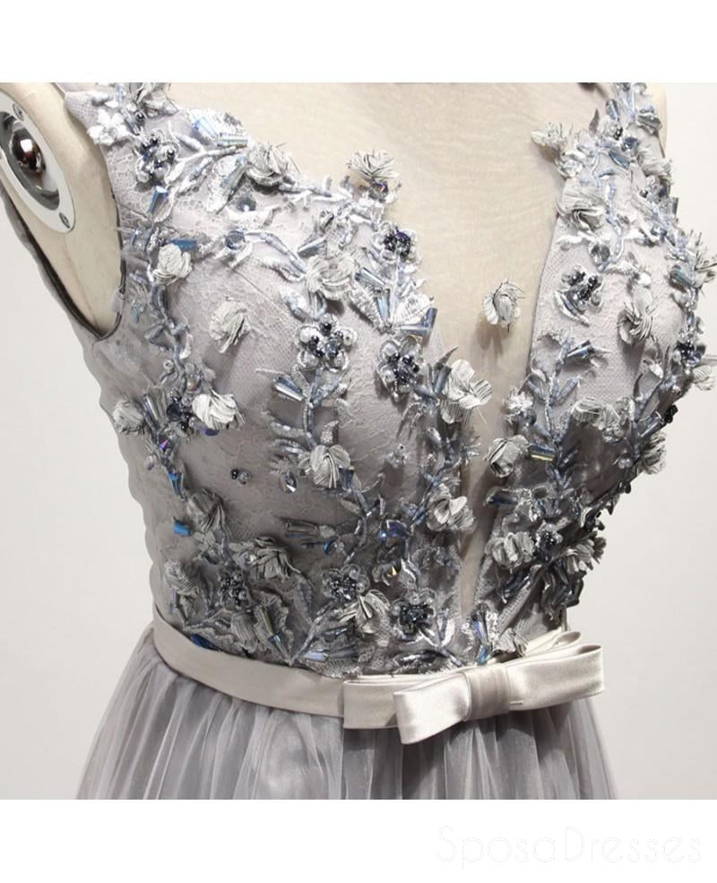 Elegant Gray Lace Beaded Tulle Evening Prom Dress for Women | Custom Long Formal Gown for Homecoming, Ball & Special Occasions | Plus Size Options Available