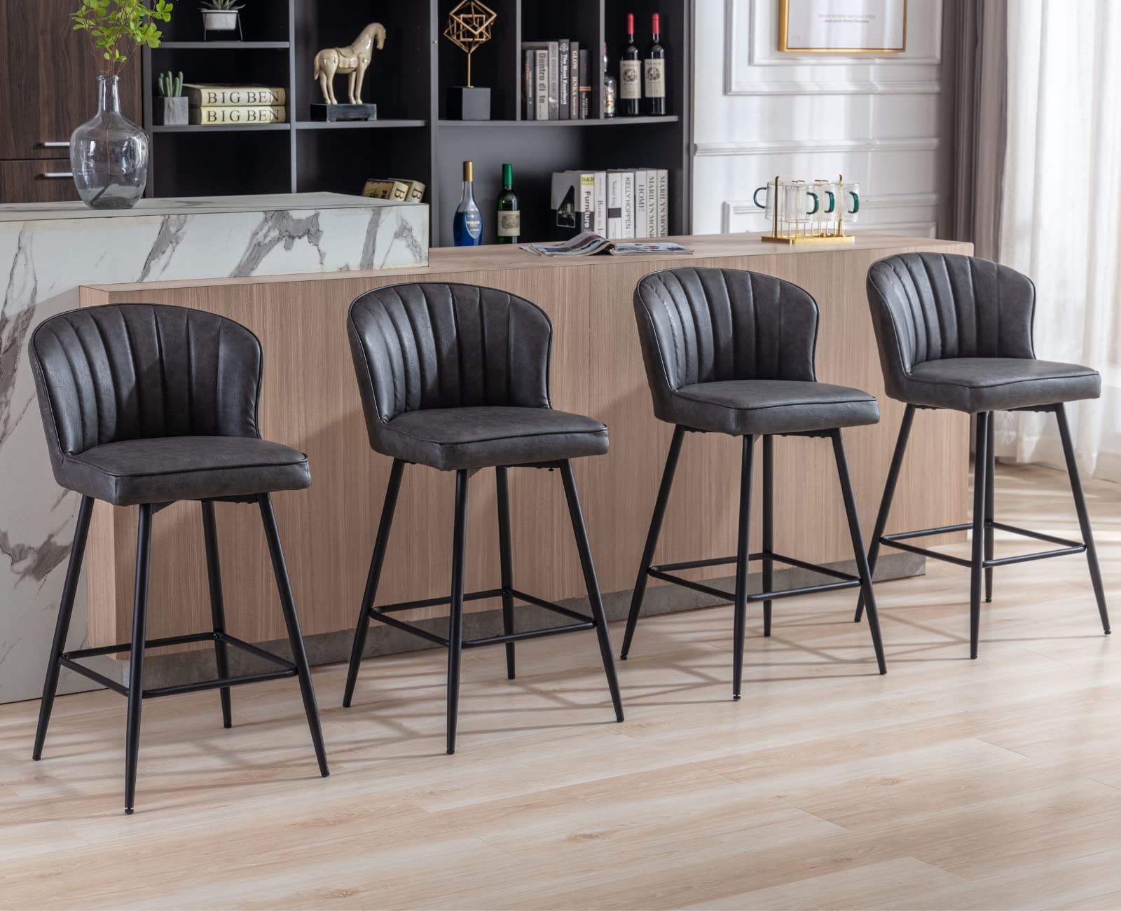 EALSON 26 Inch Counter Height Bar Stools Set of 4 - Modern Leather Bar Chairs with Backrest & Metal Footrest - Upholstered Kitchen Island Stools for Home Bar, Dining Room & Breakfast Nook - Grey - Perfect for Entertaining, Casual Dining & Kitchen Counter Seating