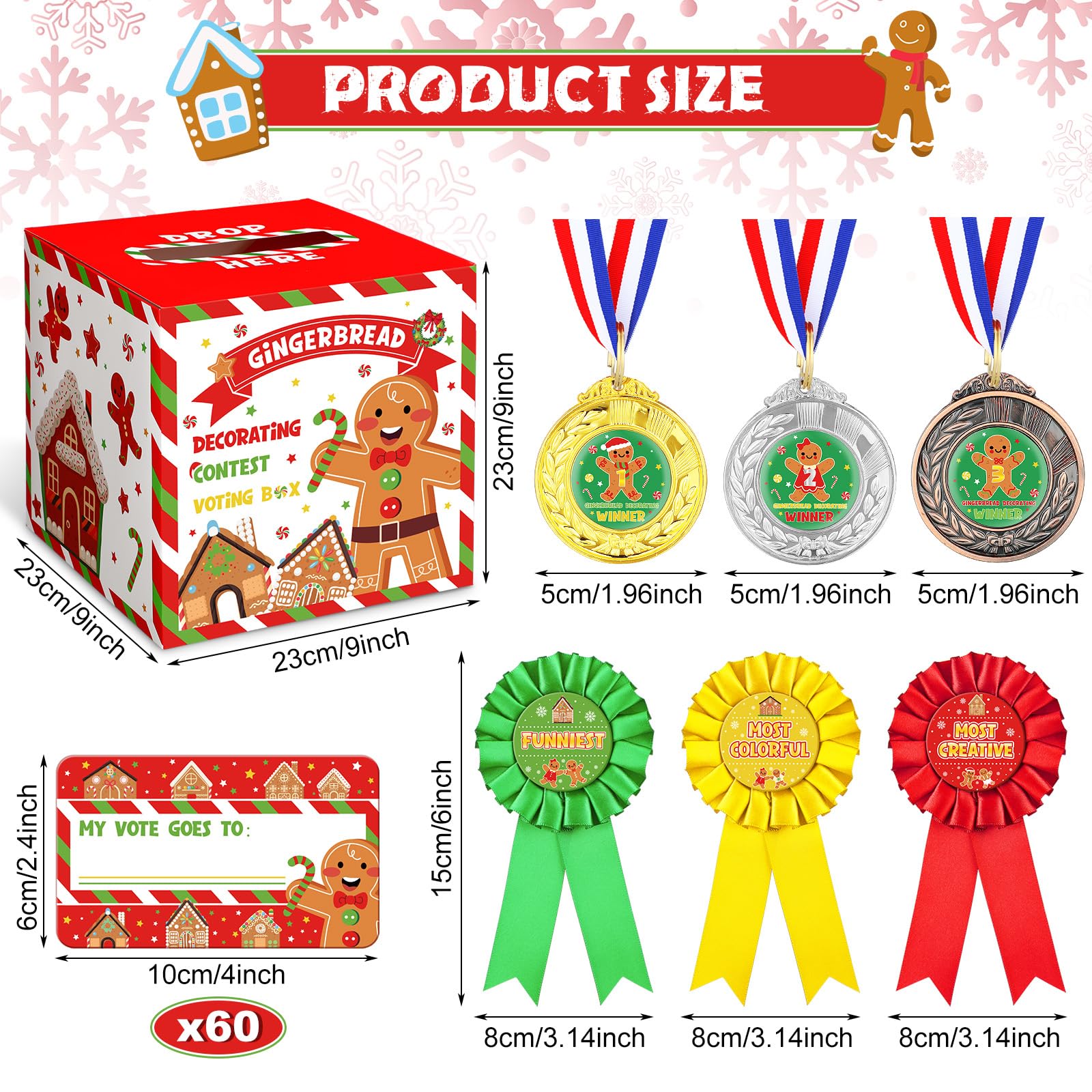 67 Pcs Christmas Gingerbread House Competition Kit with 60 Ballot Cards, 3 Award Ribbons & 3 Medals - Gingerbread House Contest Voting Supplies for Holiday Parties, School Events & Family Gatherings