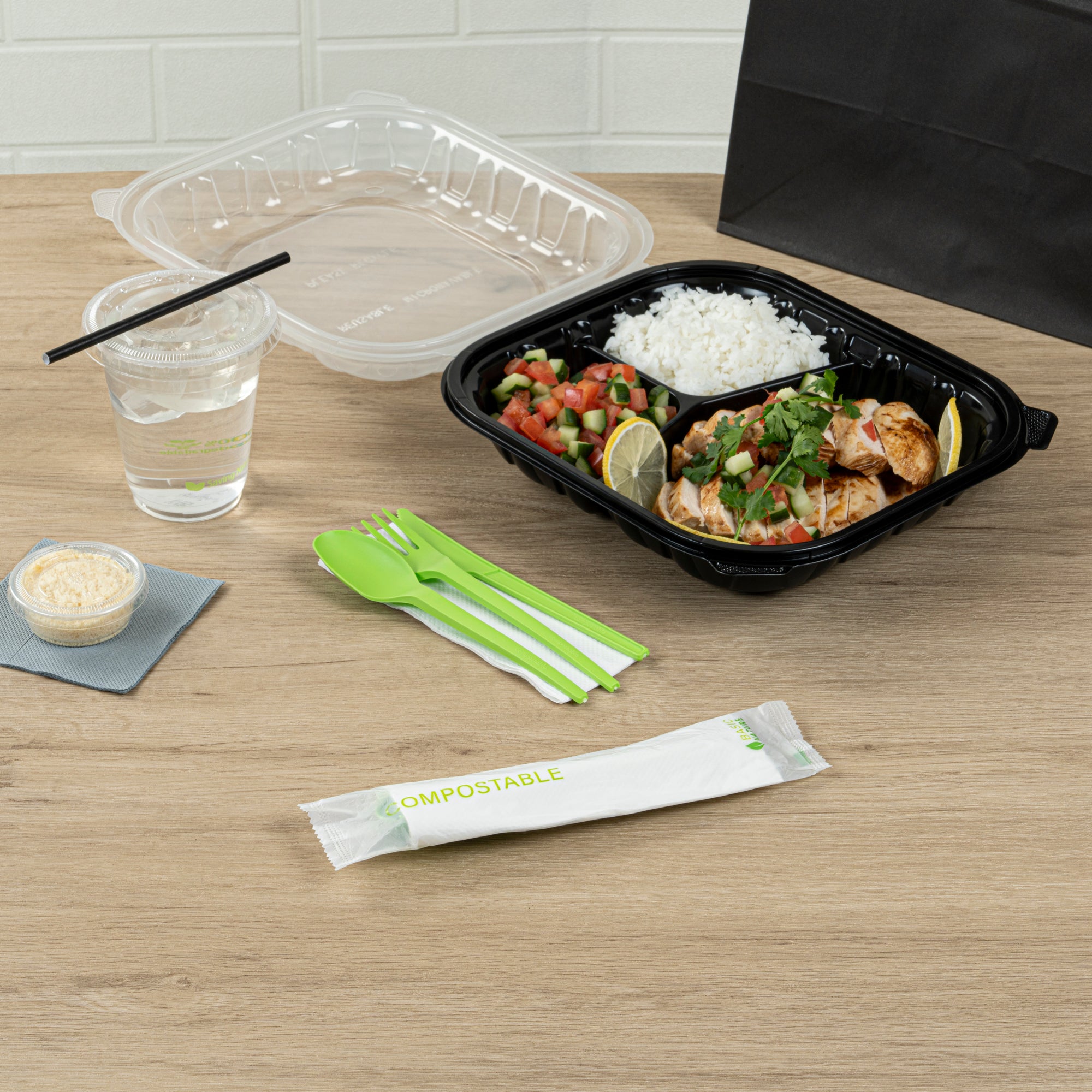 Eco-Friendly Compostable CPLA Plastic Cutlery Set - 100-Piece Box with Heat-Resistant Forks, Knives, Spoons & White Napkins | Perfect for Picnics, Parties, Catering & Sustainable Dining