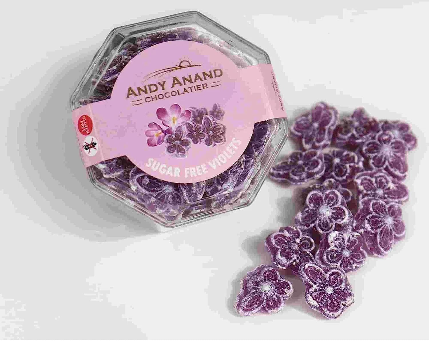 Andy Anand Sugar Free Violet Hard Candy - 50pc Old Fashioned Dragee with Stevia - Flower Shaped Five Petals Candy - Zero Sugar, Low Carb, Keto Friendly - Perfect for Gifts, Parties & Home Decor