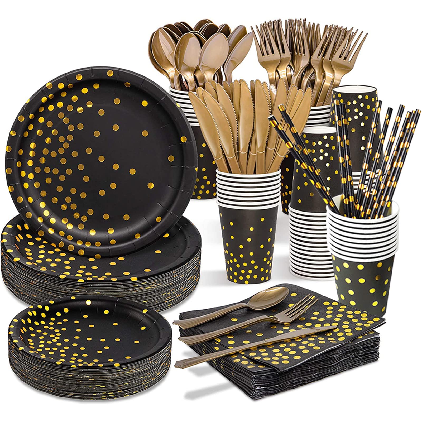Gollense 200-Piece Black and Gold Disposable Party Dinnerware Set - Plates, Napkins, Cups for 25 Guests - Elegant Wedding & Birthday Party Supplies - Perfect for Celebrations, Events, and Special Occasions