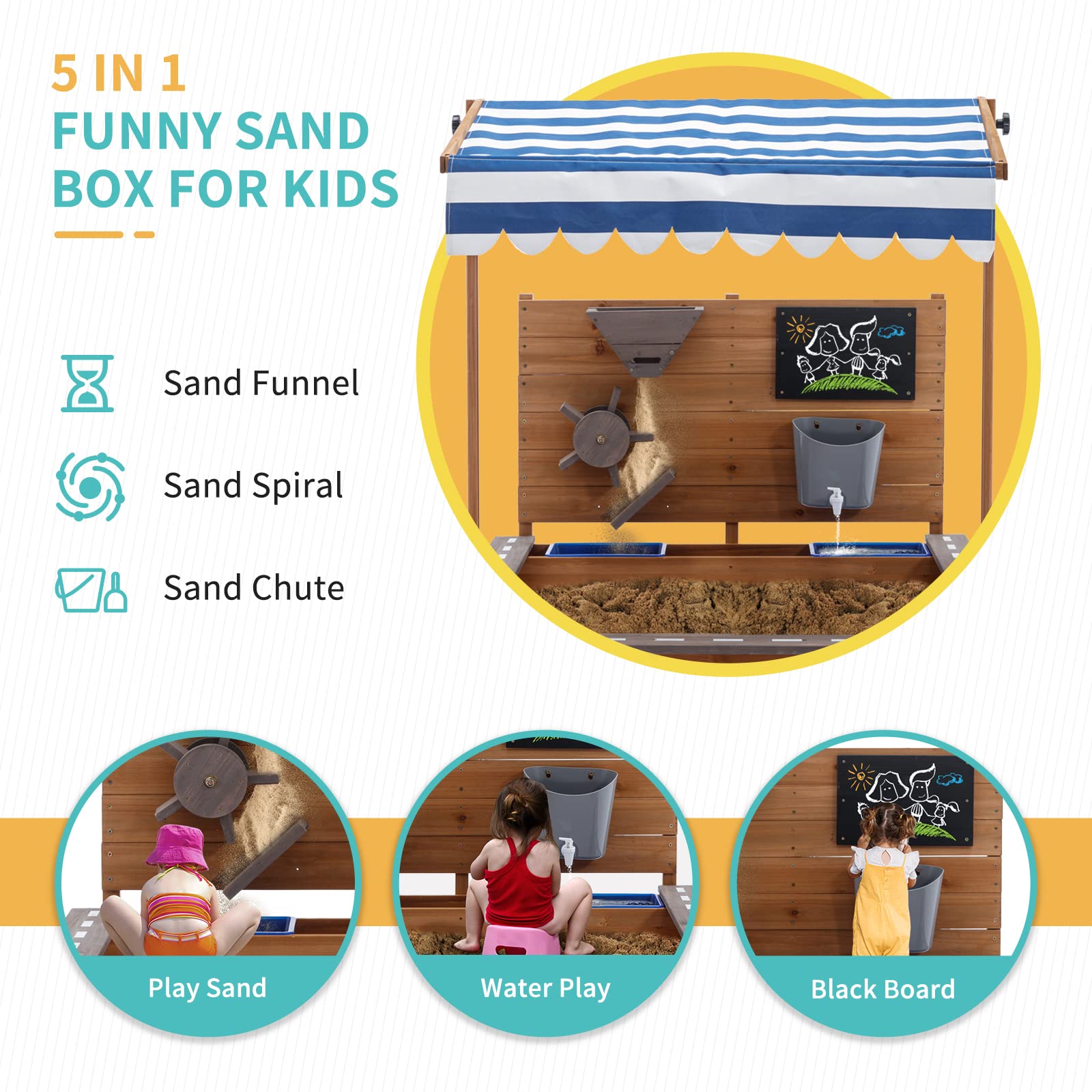 MOOITZ Large Wooden Sandbox with Adjustable Canopy Cover - Outdoor Sand Play Box for Kids, Backyard, Garden & Beach - Includes Sand Funnel & Drawing Board - Perfect for Patio, Playground & Outdoor Activities (Brown, 2023 Model)
