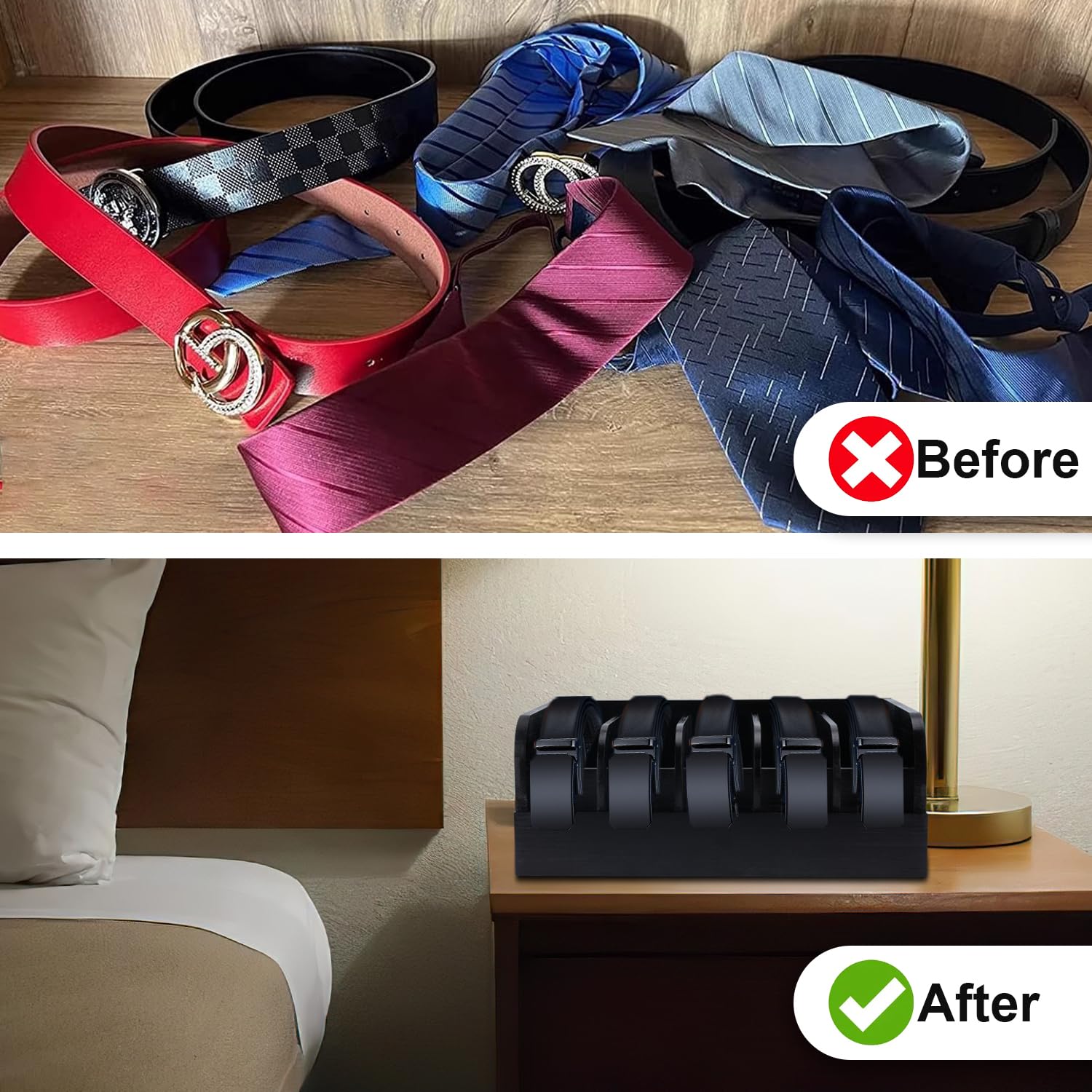 GTI Belt Organizer - 2 Pack 5-Compartment Belt & Tie Storage Organizer for Closet & Drawer - Bamboo Display Case for Men & Women (Black) - Perfect for Home, Office & Travel Organization