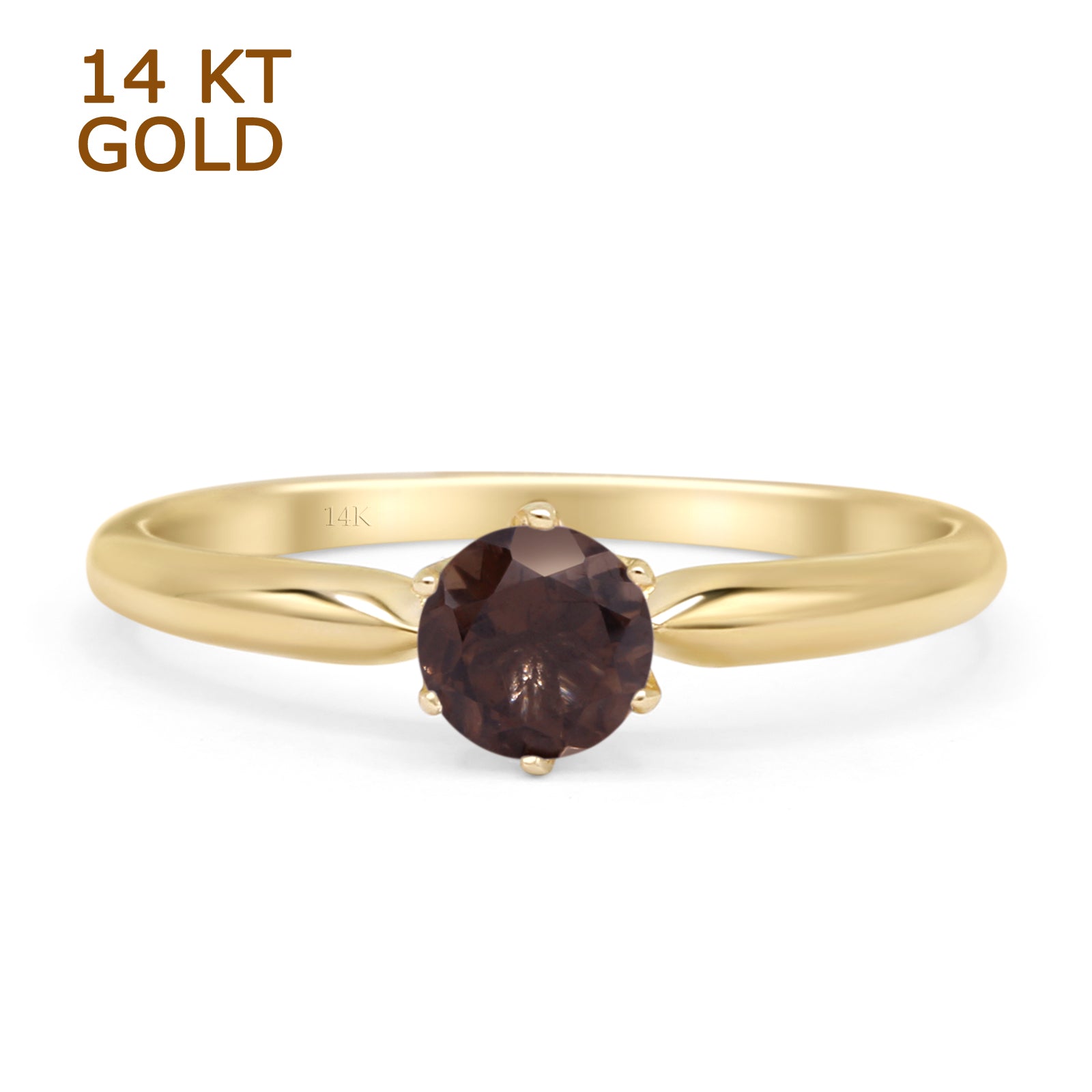 14K Yellow Gold Petite Dainty Round Solitaire Natural Chocolate Smoky Quartz Ring for Women - Elegant Minimalist Jewelry Gift for Anniversary, Valentine's Day & Everyday Wear