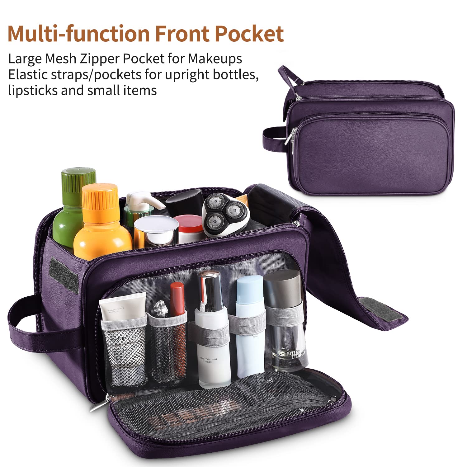 Buruis Large Waterproof Travel Toiletry Bag for Men & Women - PU Leather Cosmetic Organizer, Dopp Kit & Shaving Bag for Bathroom Essentials (Purple) - Perfect for Business Trips, Vacations & Gym Use
