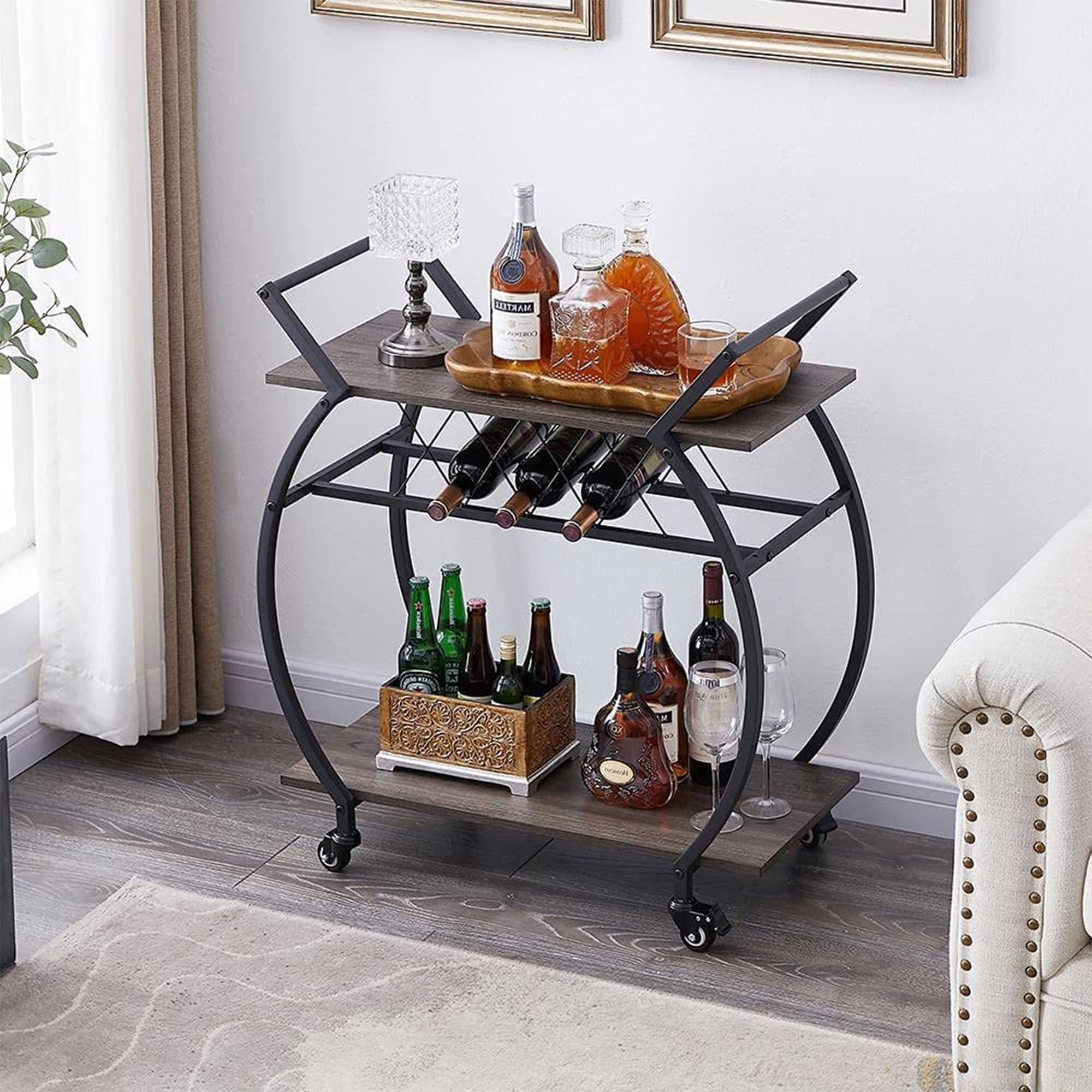 LVB 2-Tier Industrial Bar Cart with Wine Rack - Rustic Modern Wood & Metal Rolling Kitchen Cart on Wheels - Portable Coffee Serving Table with Shelves for Home, Office or Outdoor Entertaining - Dark Oak Finish