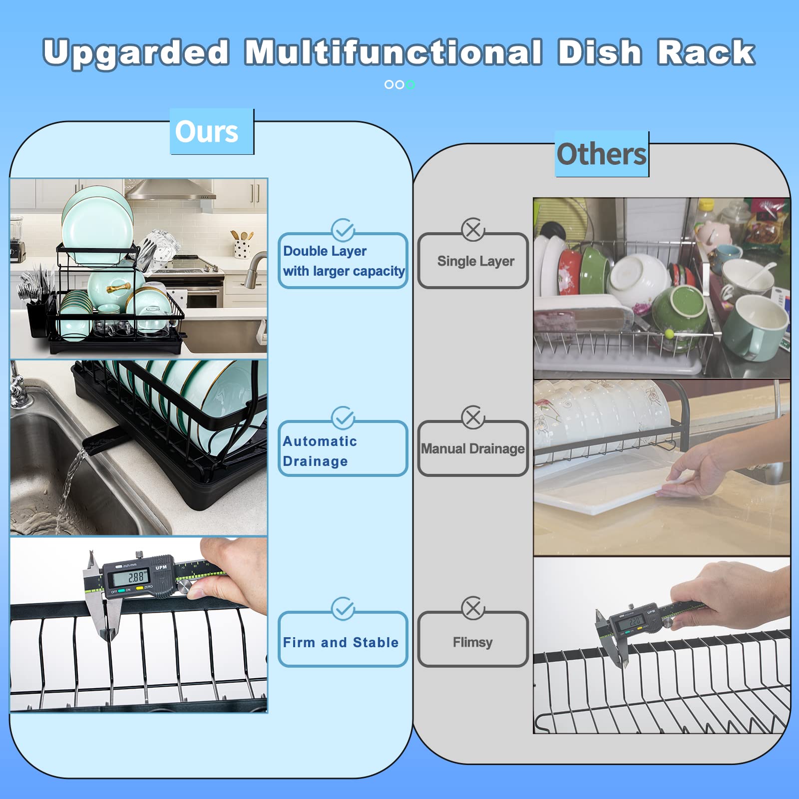 2-Tier Stainless Steel Dish Drying Rack with Drainboard - Large Capacity Kitchen Counter Organizer with Utensil Holder & Cup Rack (Black) - Perfect for Small Kitchens, Apartments & Dishwashing Organization