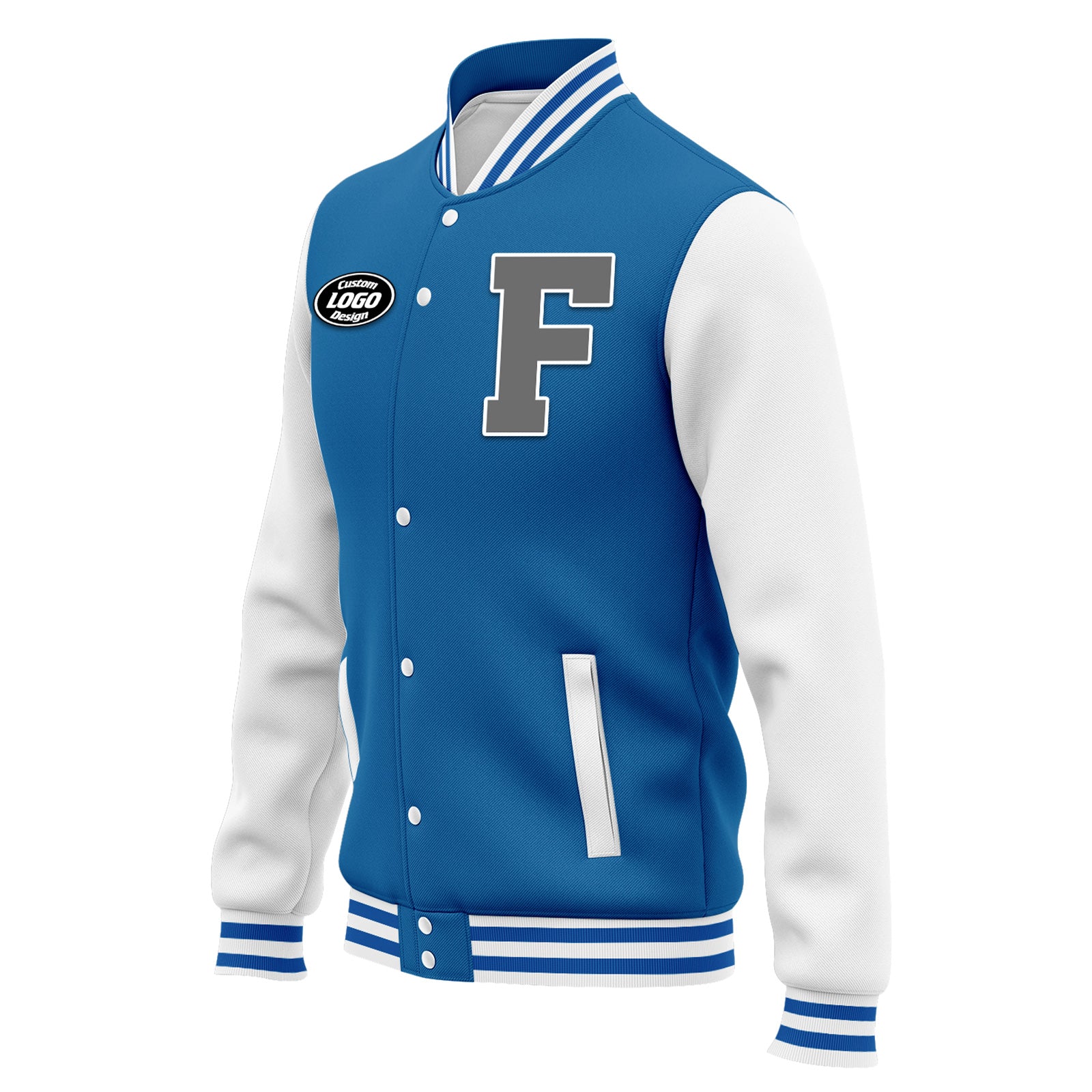 Custom Blue & White Varsity Letterman Jacket - Personalized Bomber Jacket with Full Snap Closure (FZ005 D020255) | Perfect for High School Sports, Graduation Gifts & Casual Fashion