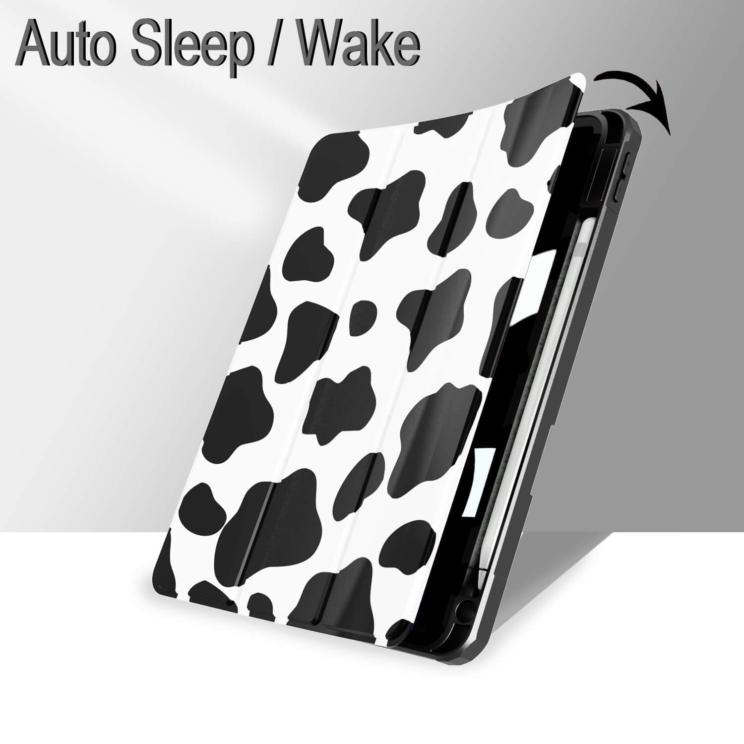 Feams Slim Clear iPad Air Case 11-inch (M3 2025/M2 2024) & 10.9-inch (5th/4th Gen) - Cow Print Protective Cover with Pencil Holder & Auto Sleep/Wake | Perfect for Work, School & Travel