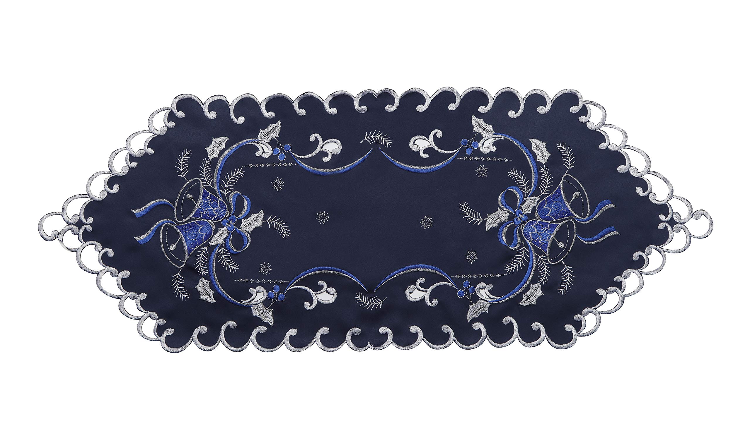 GRANDDECO 13x34 Inch Christmas Table Runner - Cutwork Embroidered Floral Blue Bells Design - Holiday Dining Table Decor for Xmas, Parties & Home Decoration
